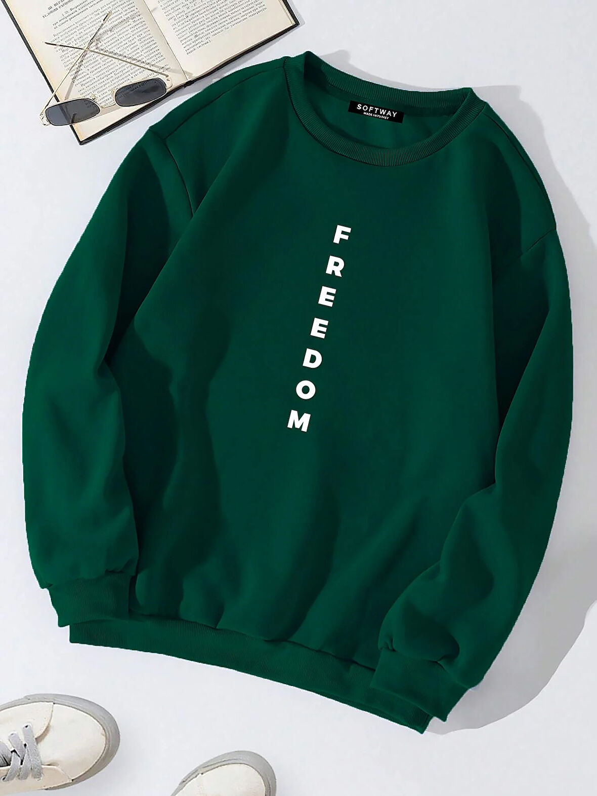 Unisex Oversize Bisiklet Yaka Basic Freedom Baskılı Sweatshirt - KOYU YEŞİL