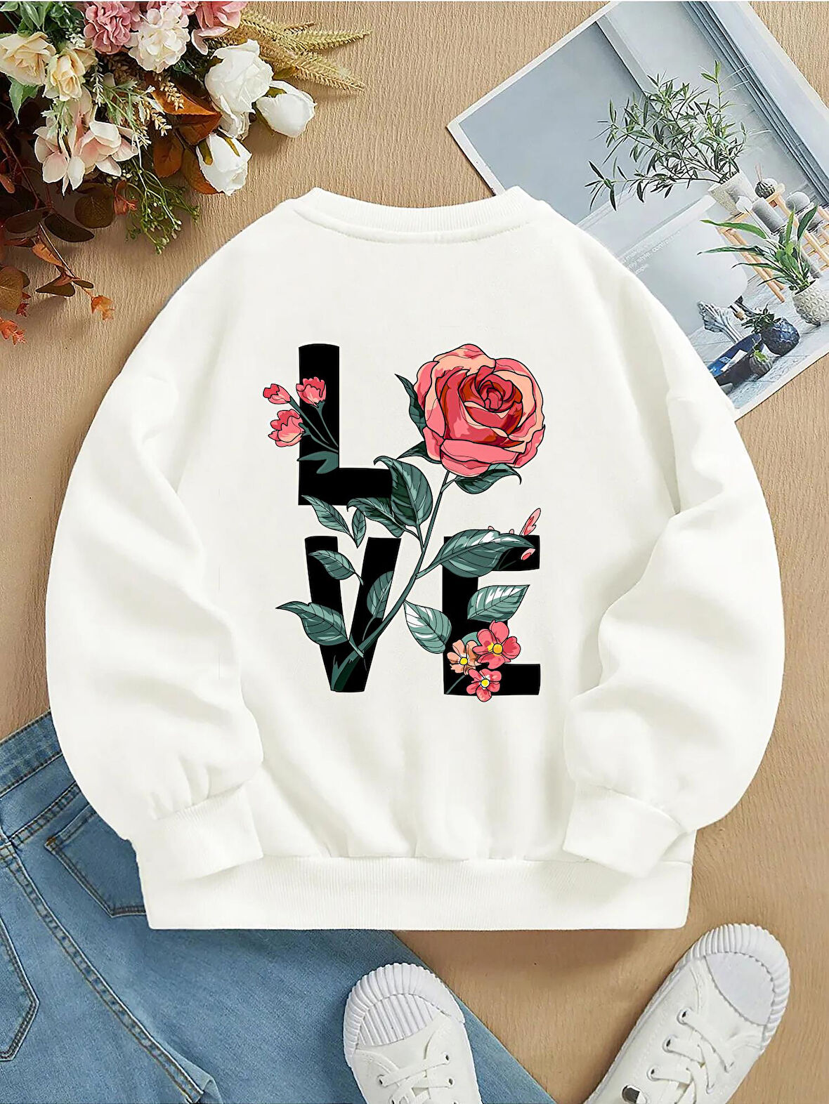 Unisex Oversize Bisiklet Yaka Basic Rose Love Baskılı Sweatshirt - EKRU