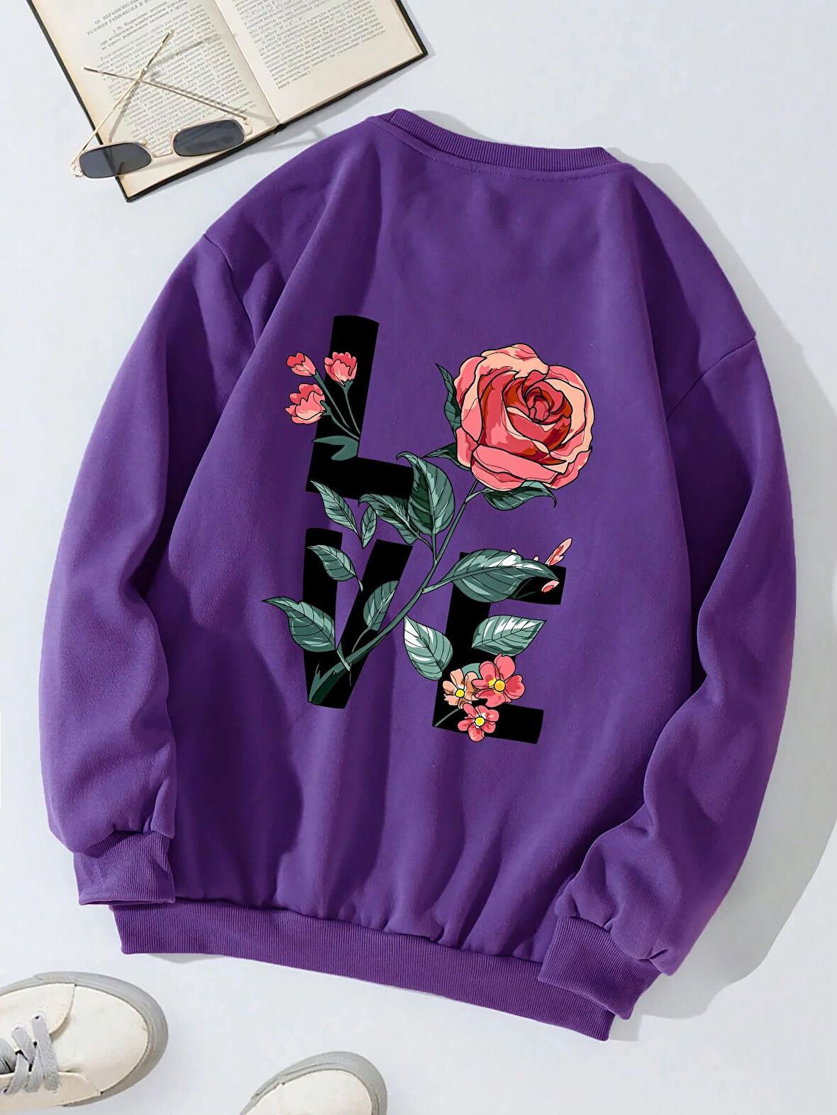 Unisex Oversize Bisiklet Yaka Basic Rose Love Baskılı Sweatshirt - MOR