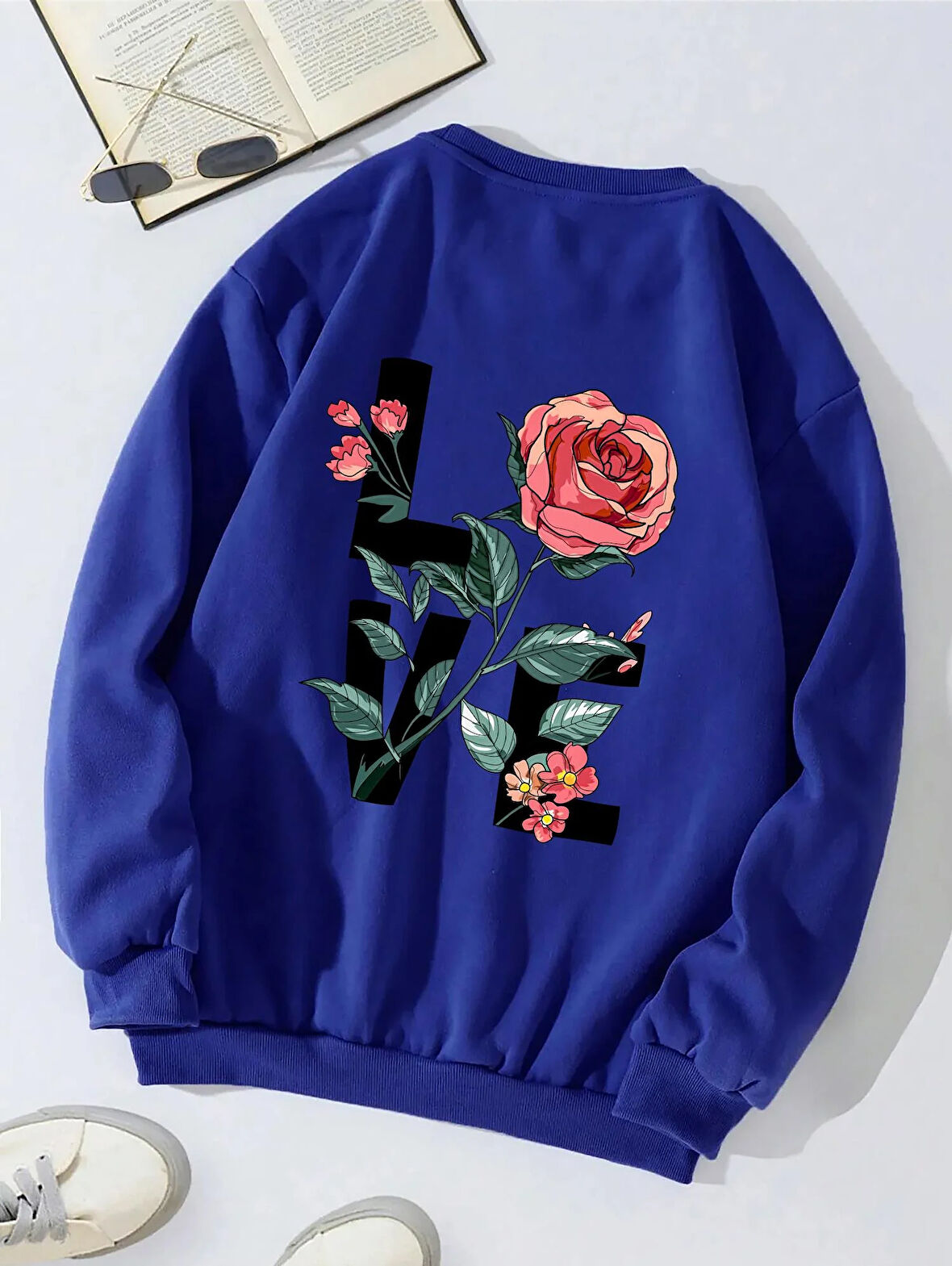 Unisex Oversize Bisiklet Yaka Basic Rose Love Baskılı Sweatshirt - SAKS MAVİSİ