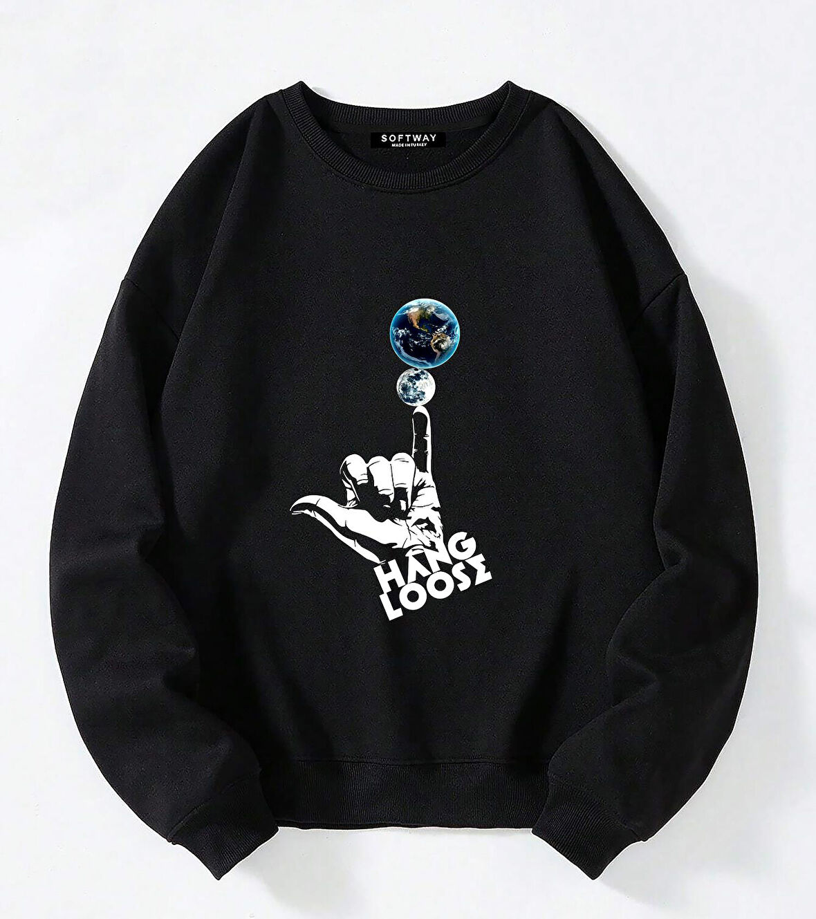 Unisex Oversize Bisiklet Yaka Basic Hang Loose Baskılı Sweatshirt - SİYAH