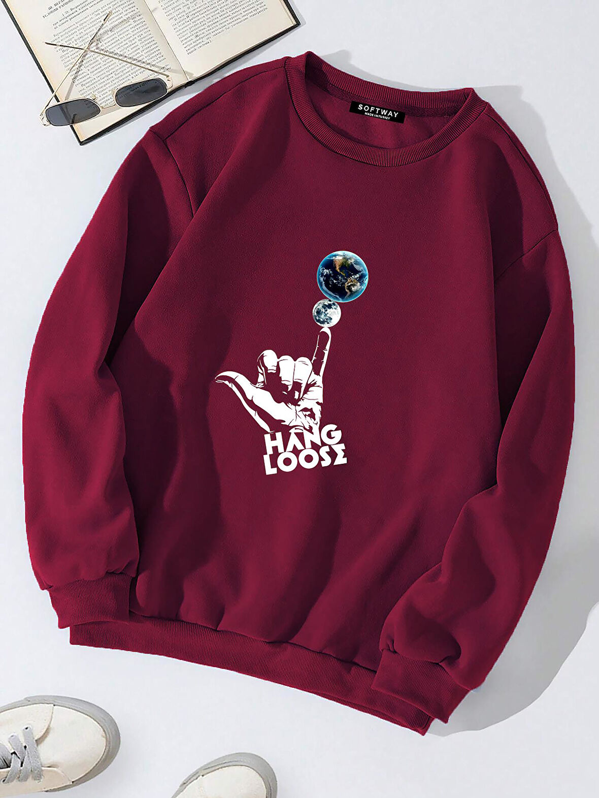 Unisex Oversize Bisiklet Yaka Basic Hang Loose Baskılı Sweatshirt - BORDO