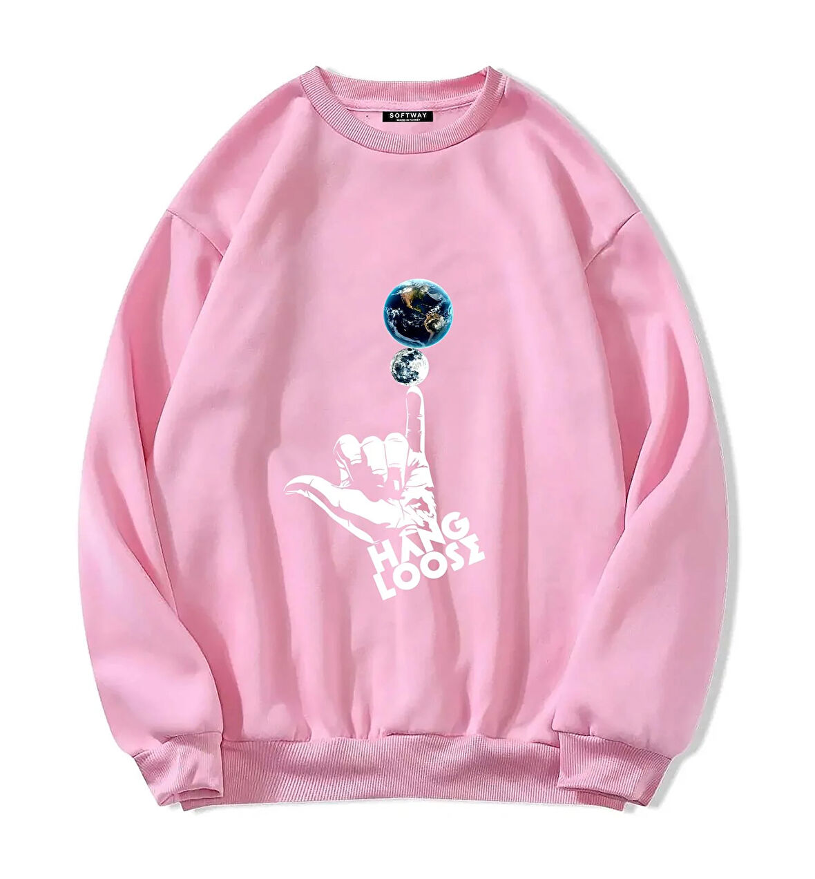 Unisex Oversize Bisiklet Yaka Basic Hang Loose Baskılı Sweatshirt - PEMBE
