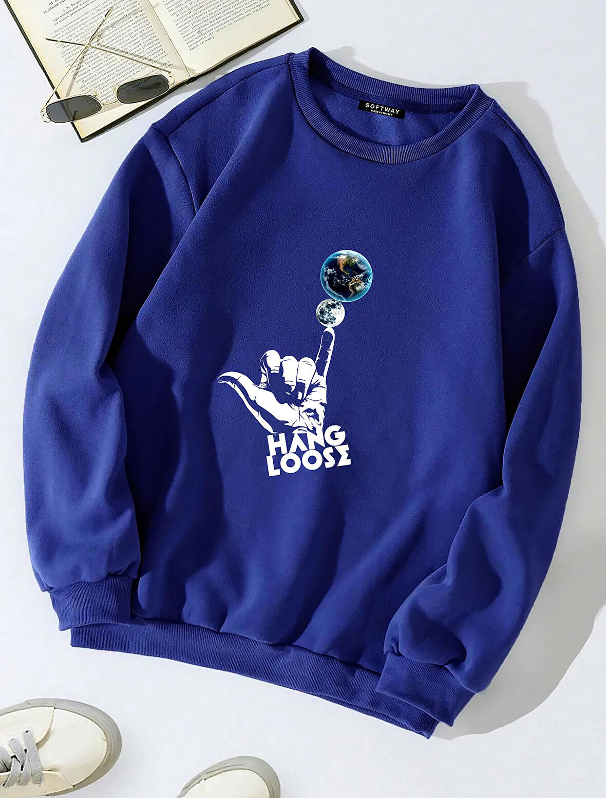 Unisex Oversize Bisiklet Yaka Basic Hang Loose Baskılı Sweatshirt - SAKS MAVİSİ