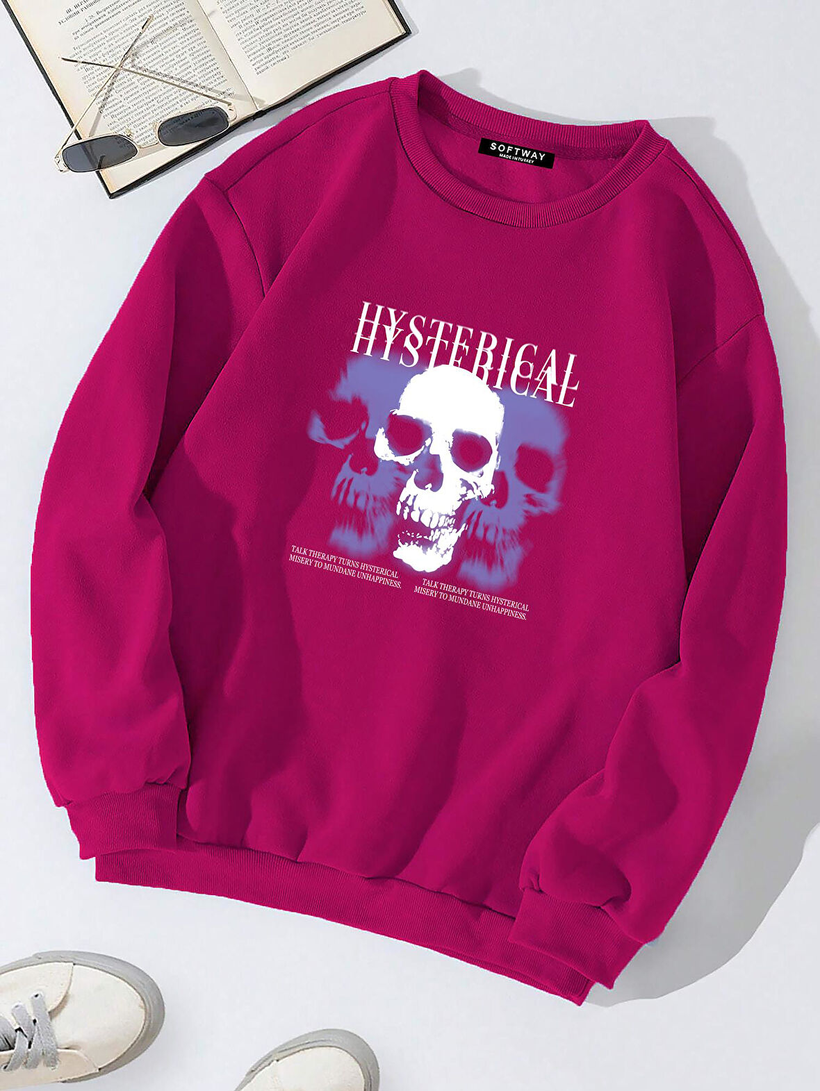 Unisex Oversize Bisiklet Yaka Basic Hystarigal Baskılı Sweatshirt - FUŞYA