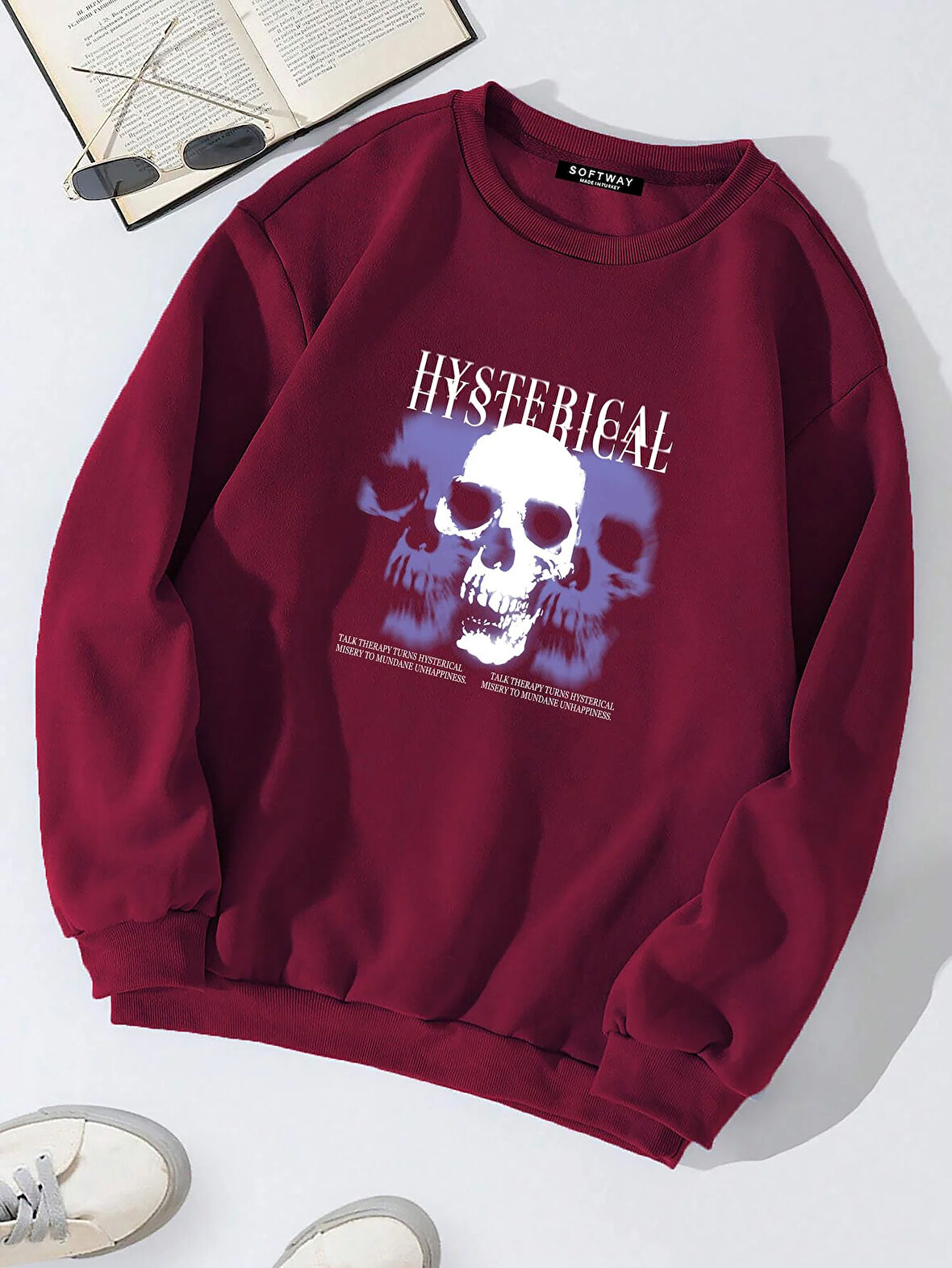 Unisex Oversize Bisiklet Yaka Basic Hystarigal Baskılı Sweatshirt - BORDO