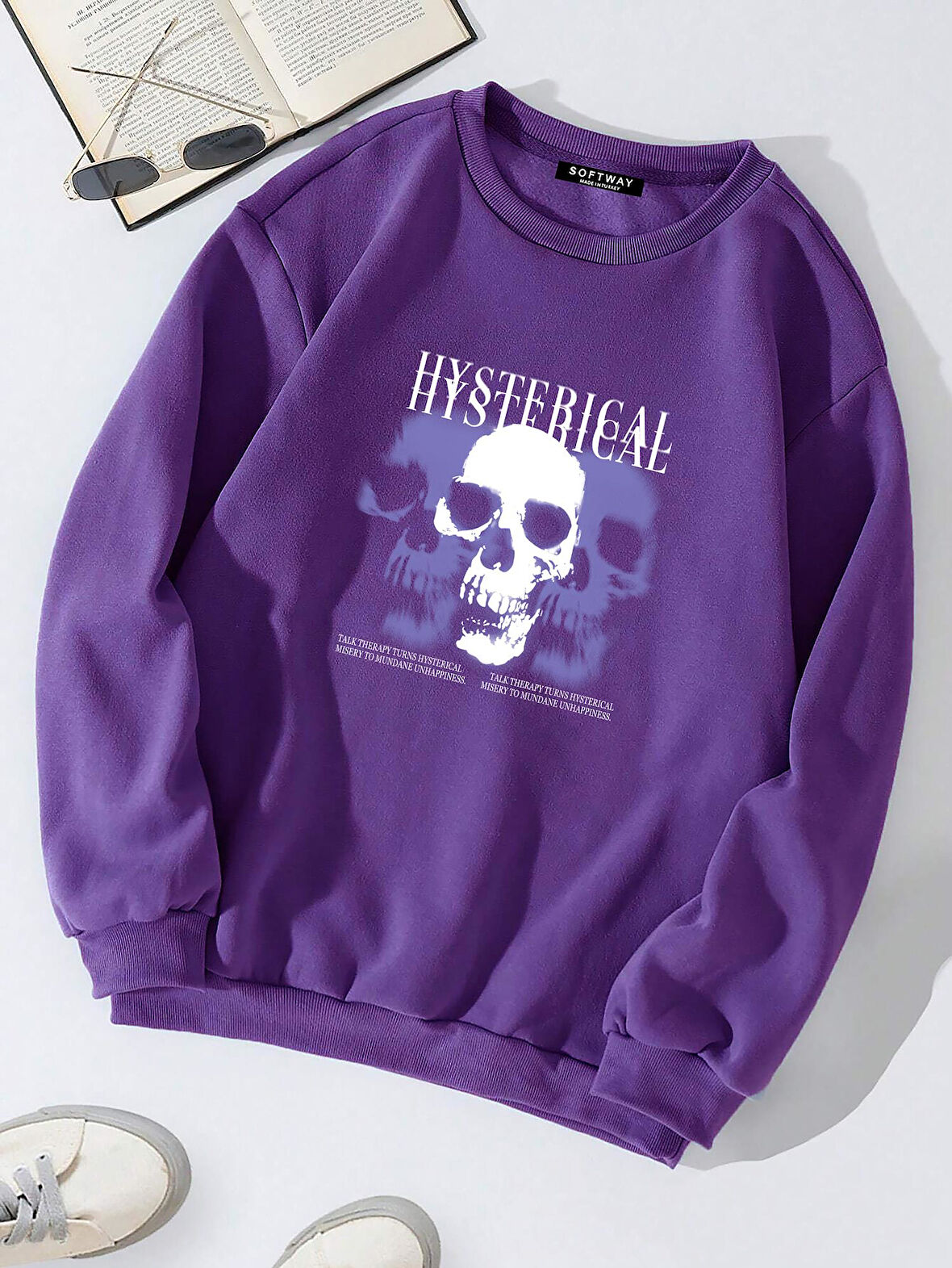 Unisex Oversize Bisiklet Yaka Basic Hystarigal Baskılı Sweatshirt - MOR