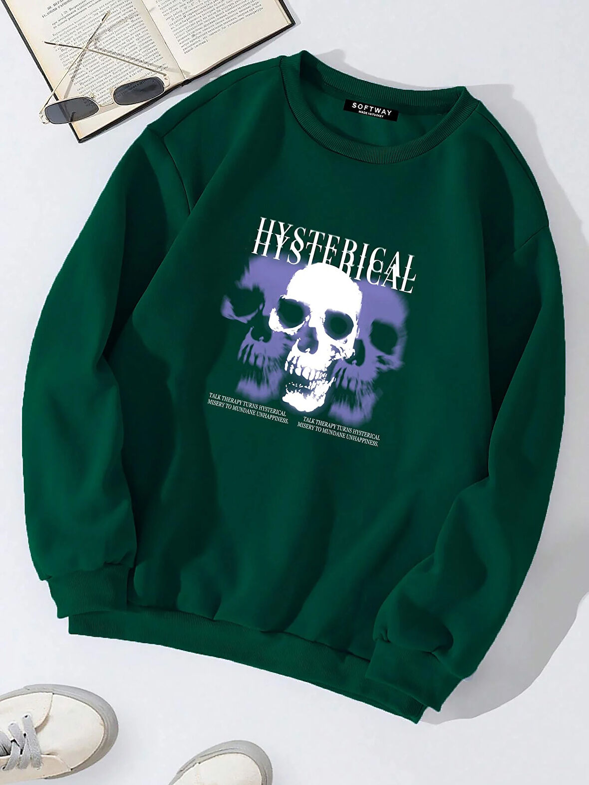 Unisex Oversize Bisiklet Yaka Basic Hystarigal Baskılı Sweatshirt - KOYU YEŞİL