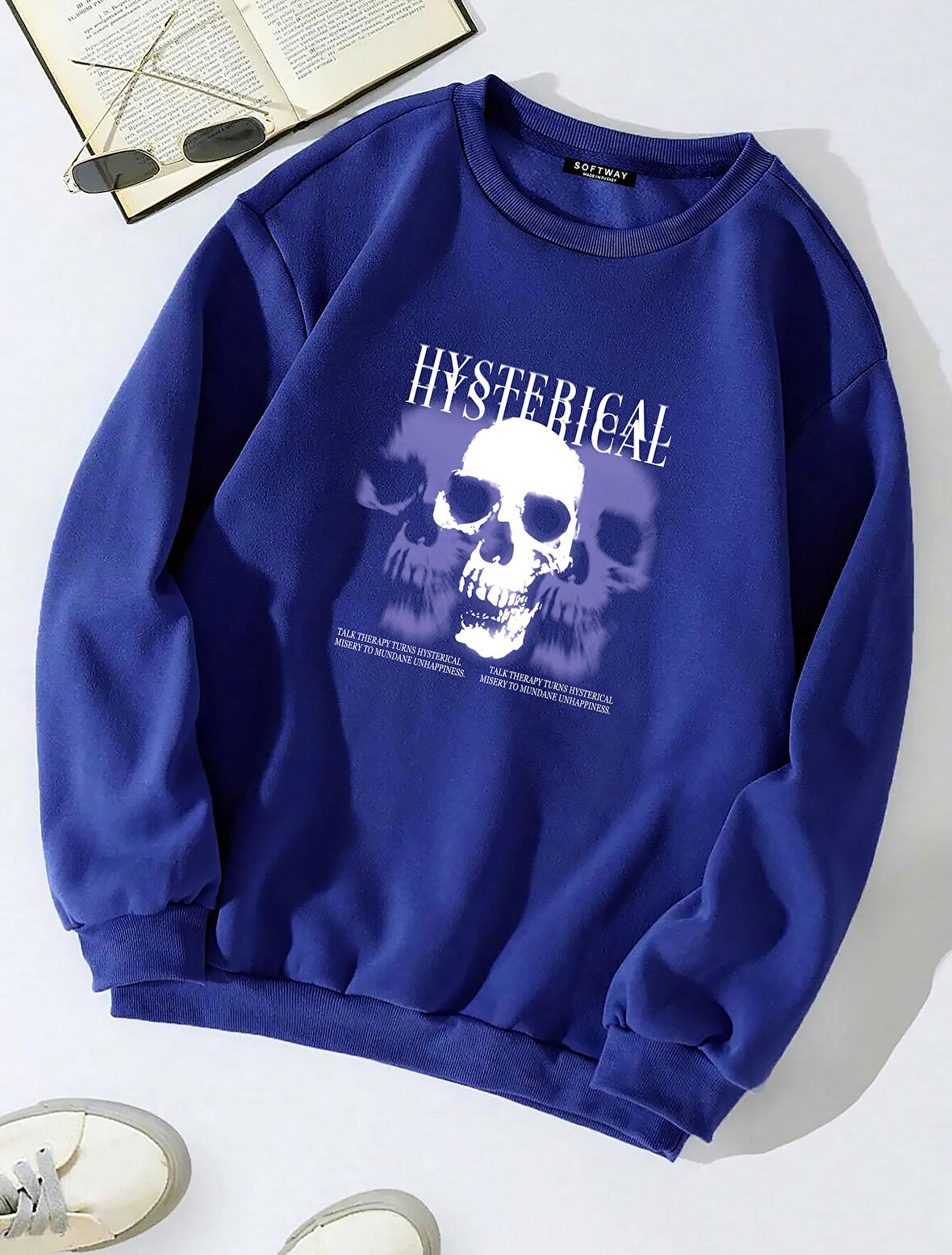 Unisex Oversize Bisiklet Yaka Basic Hystarigal Baskılı Sweatshirt - SAKS MAVİSİ