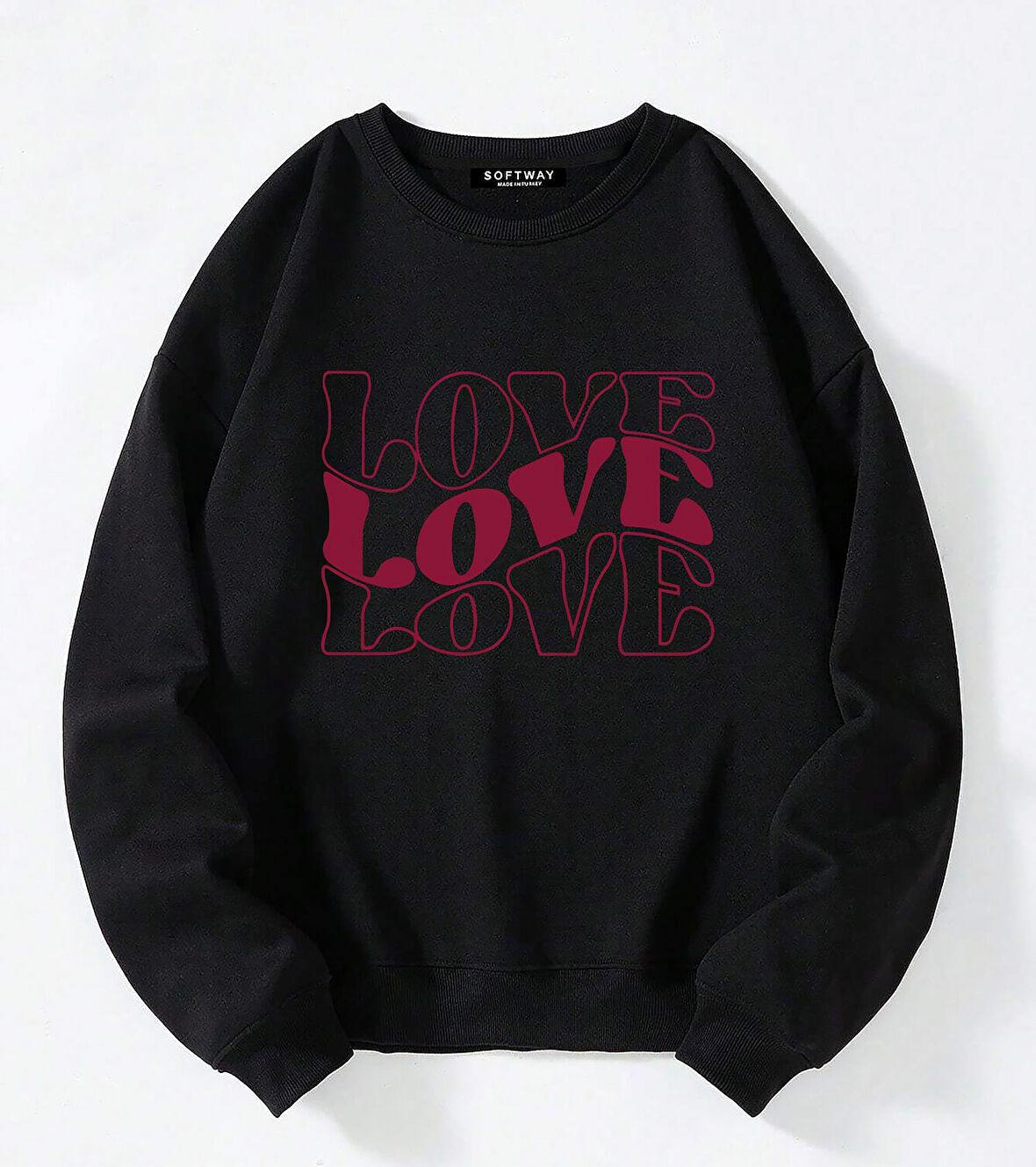Unisex Oversize Bisiklet Yaka Basic Three Love Baskılı Sweatshirt - SİYAH