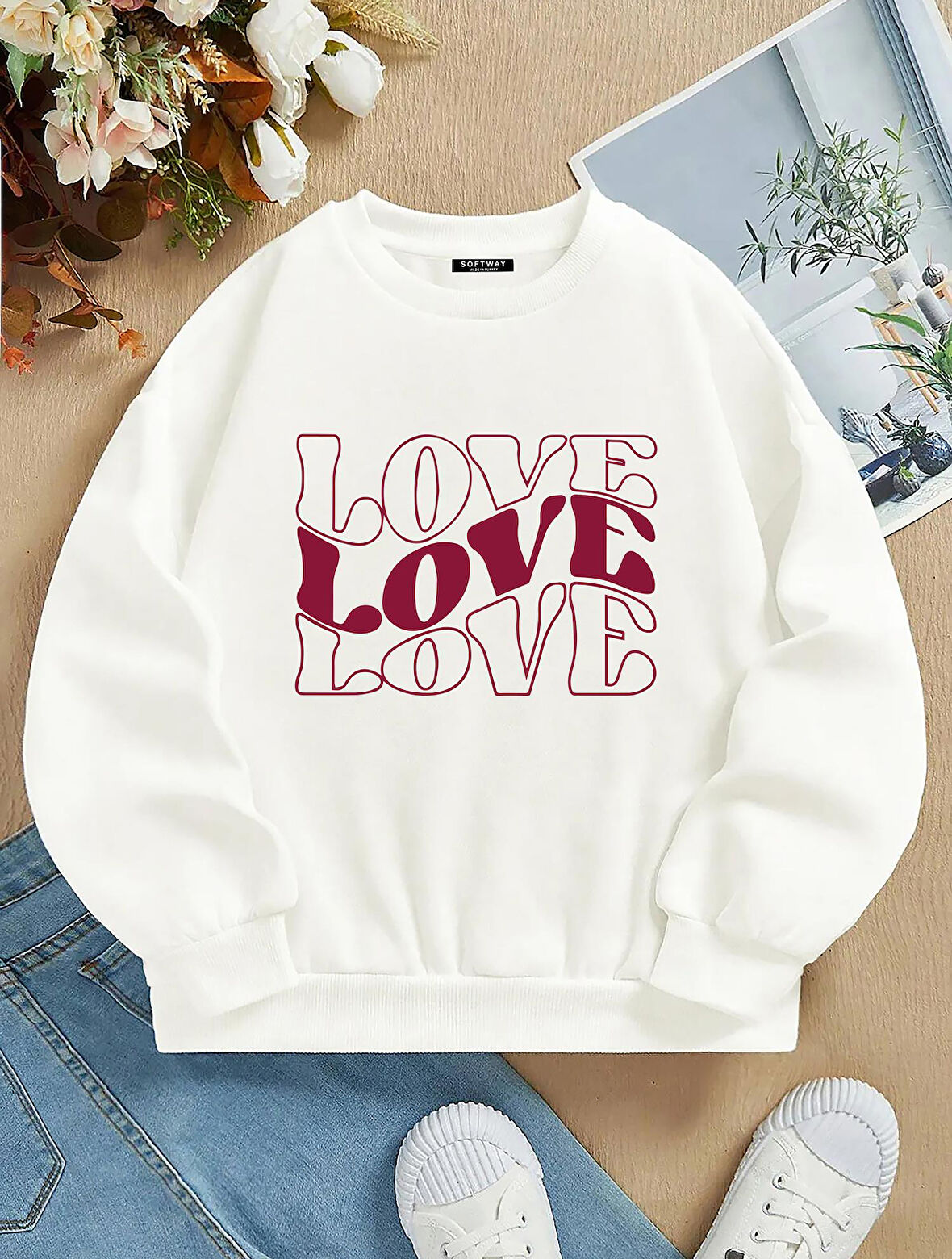 Unisex Oversize Bisiklet Yaka Basic Three Love Baskılı Sweatshirt - EKRU