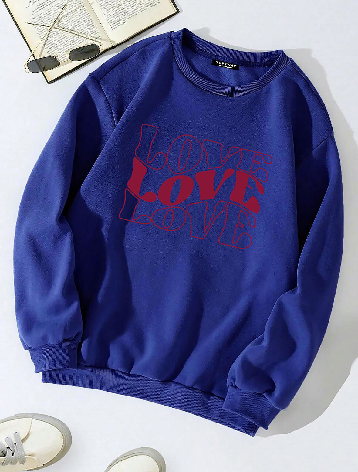 Unisex Oversize Bisiklet Yaka Basic Three Love Baskılı Sweatshirt - SAKS MAVİSİ
