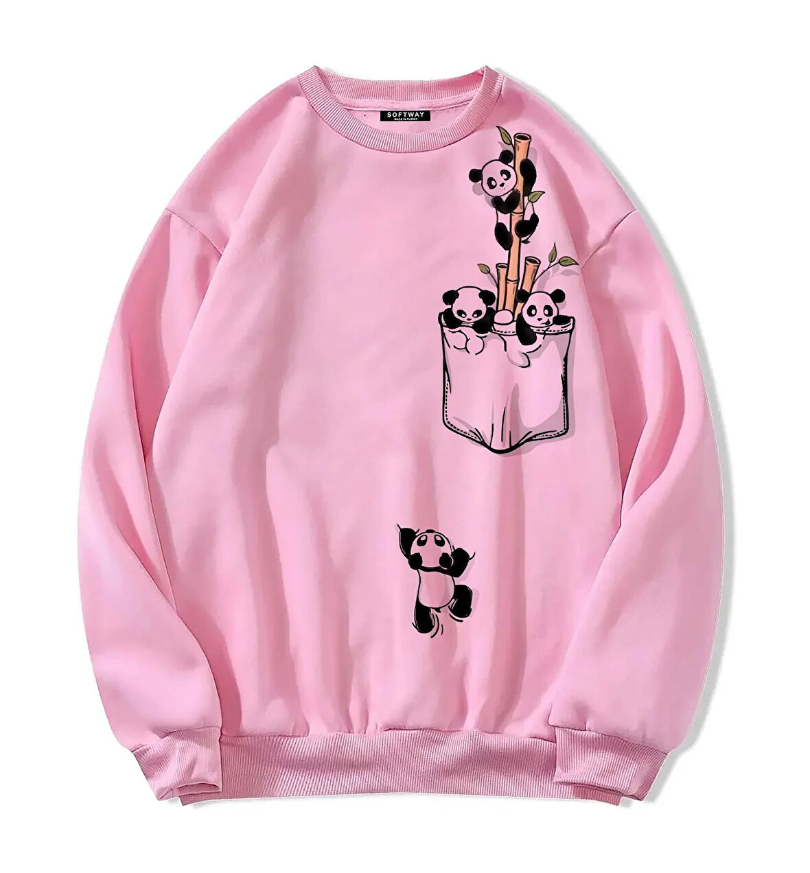 Unisex Oversize Bisiklet Yaka Basic Climbing Panda Baskılı Sweatshirt - PEMBE