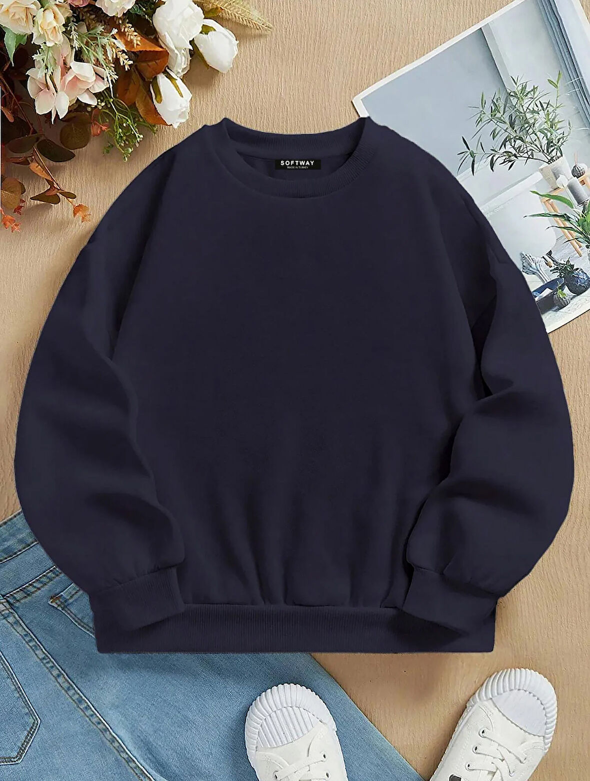 Unisex Oversize Bisiklet Yaka Basic Düz Sweatshirt - LACİVERT