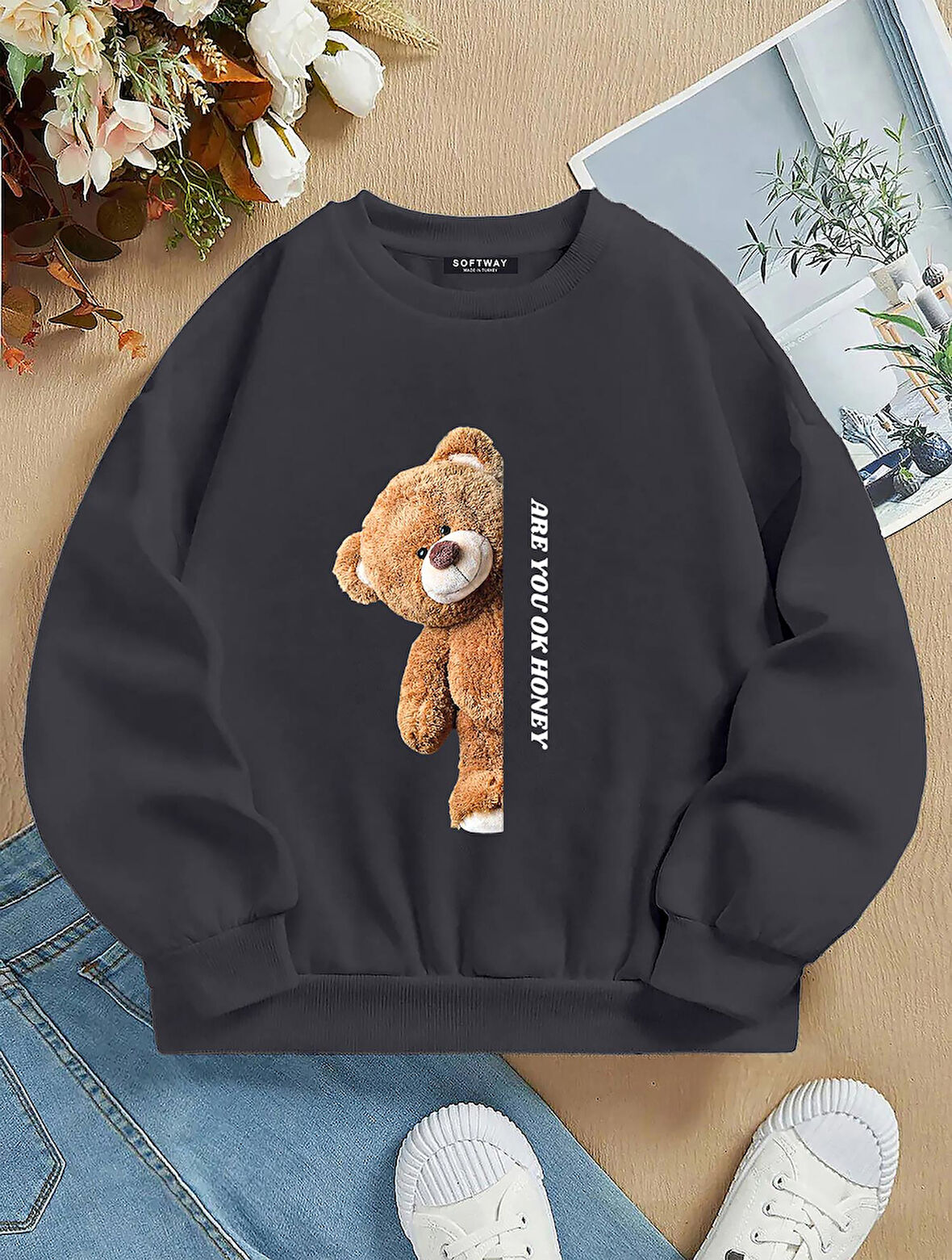 Unisex Oversize Bisiklet Yaka Basic Are You Ok Honey Baskılı Sweatshirt - FÜME