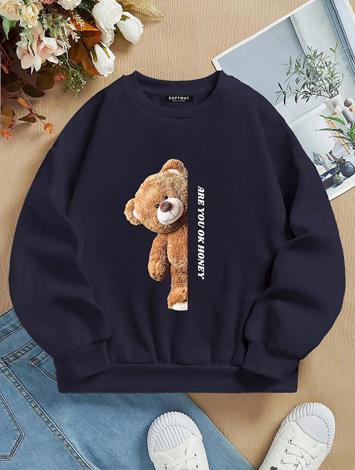 Unisex Oversize Bisiklet Yaka Basic Are You Ok Honey Baskılı Sweatshirt - LACİVERT