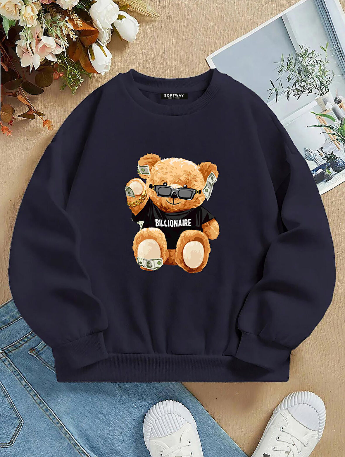 Unisex Oversize Bisiklet Yaka Basic Billionarie Baskılı Sweatshirt - LACİVERT