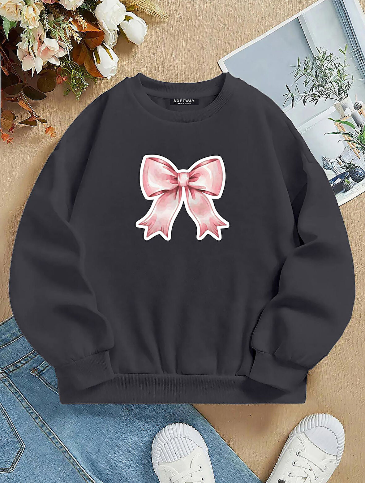 Unisex Oversize Bisiklet Yaka Basic Powder Pink Ribbom Baskılı Sweatshirt - FÜME