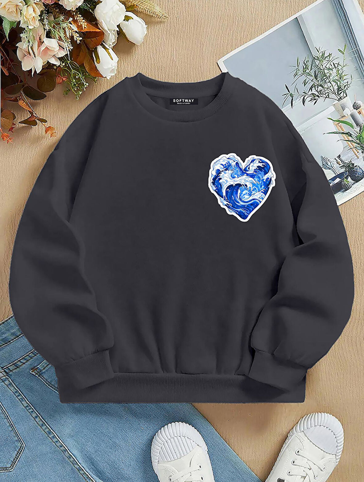 Unisex Oversize Bisiklet Yaka Basic Ocean Heart Baskılı Sweatshirt - FÜME