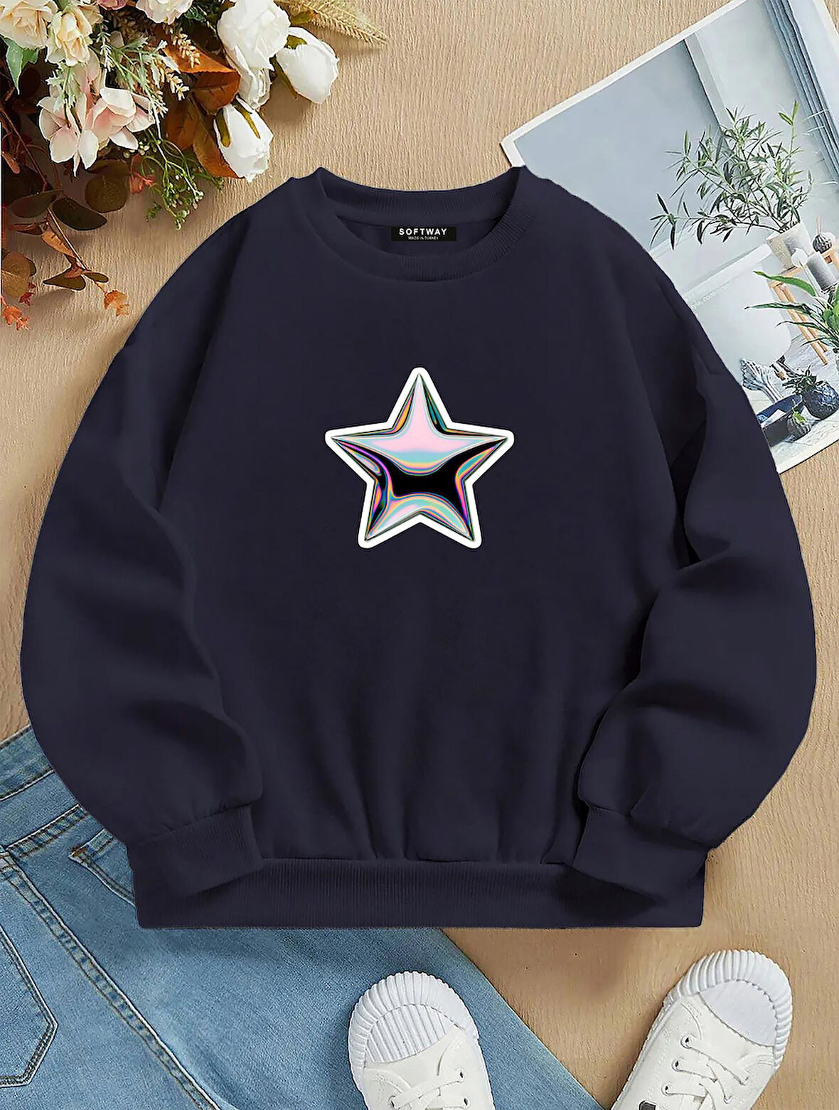Unisex Oversize Bisiklet Yaka Basic Shining Metallic Star Baskılı Sweatshirt - LACİVERT