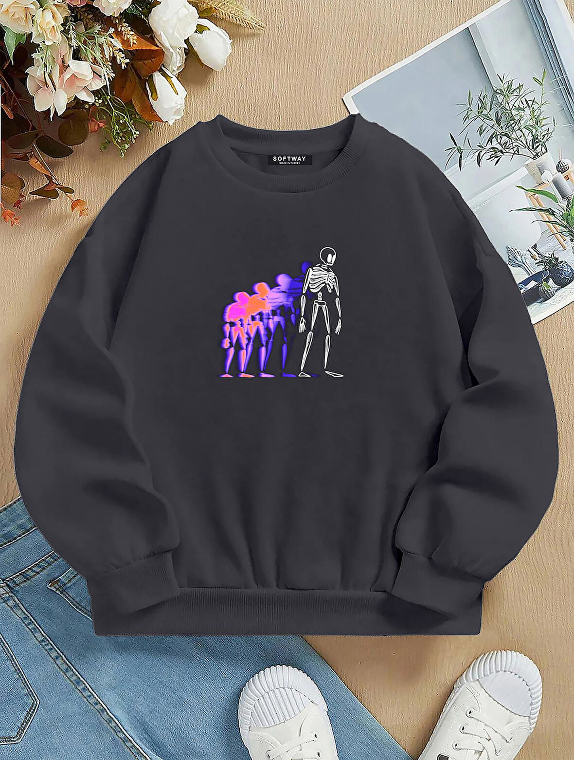 Unisex Oversize Bisiklet Yaka Basic Colorful Skeleton Baskılı Sweatshirt - FÜME