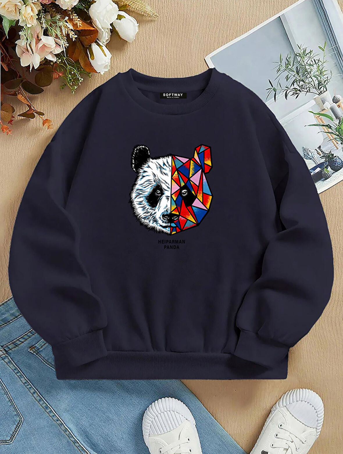 Unisex Oversize Bisiklet Yaka Basic Heiparman Panda Baskılı Sweatshirt - LACİVERT