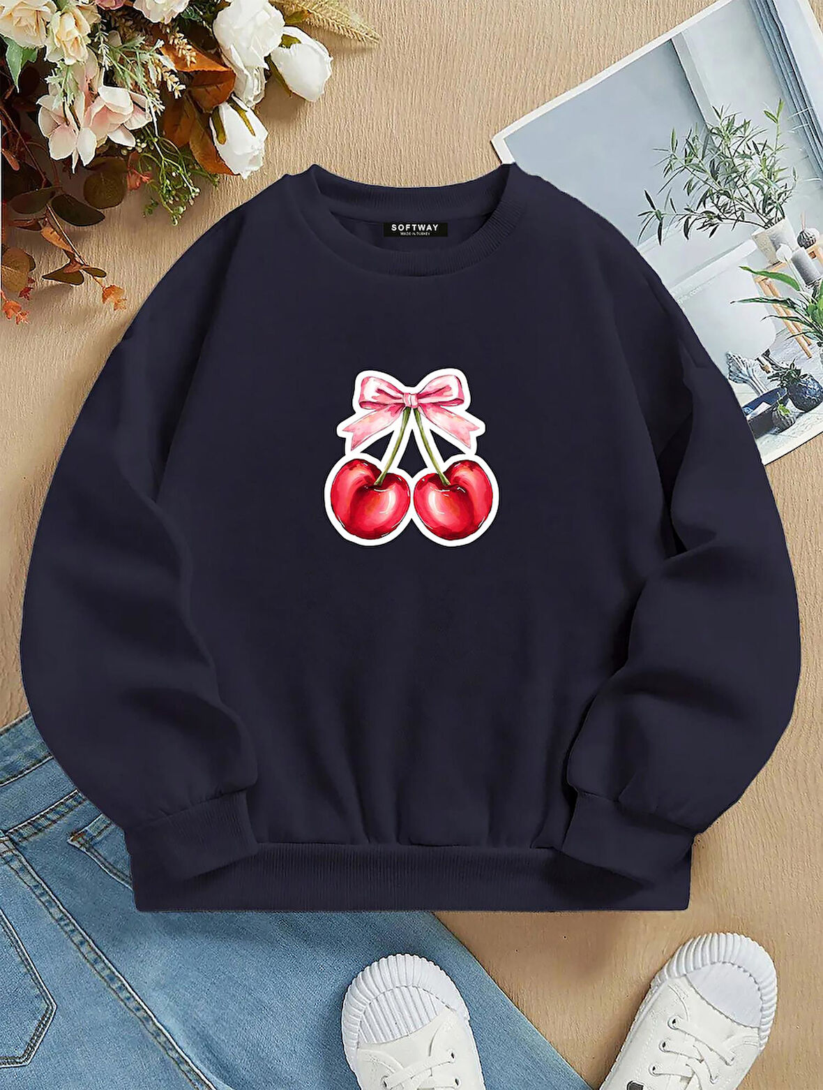 Unisex Oversize Bisiklet Yaka Basic Ribbom Cherry Baskılı Sweatshirt - LACİVERT