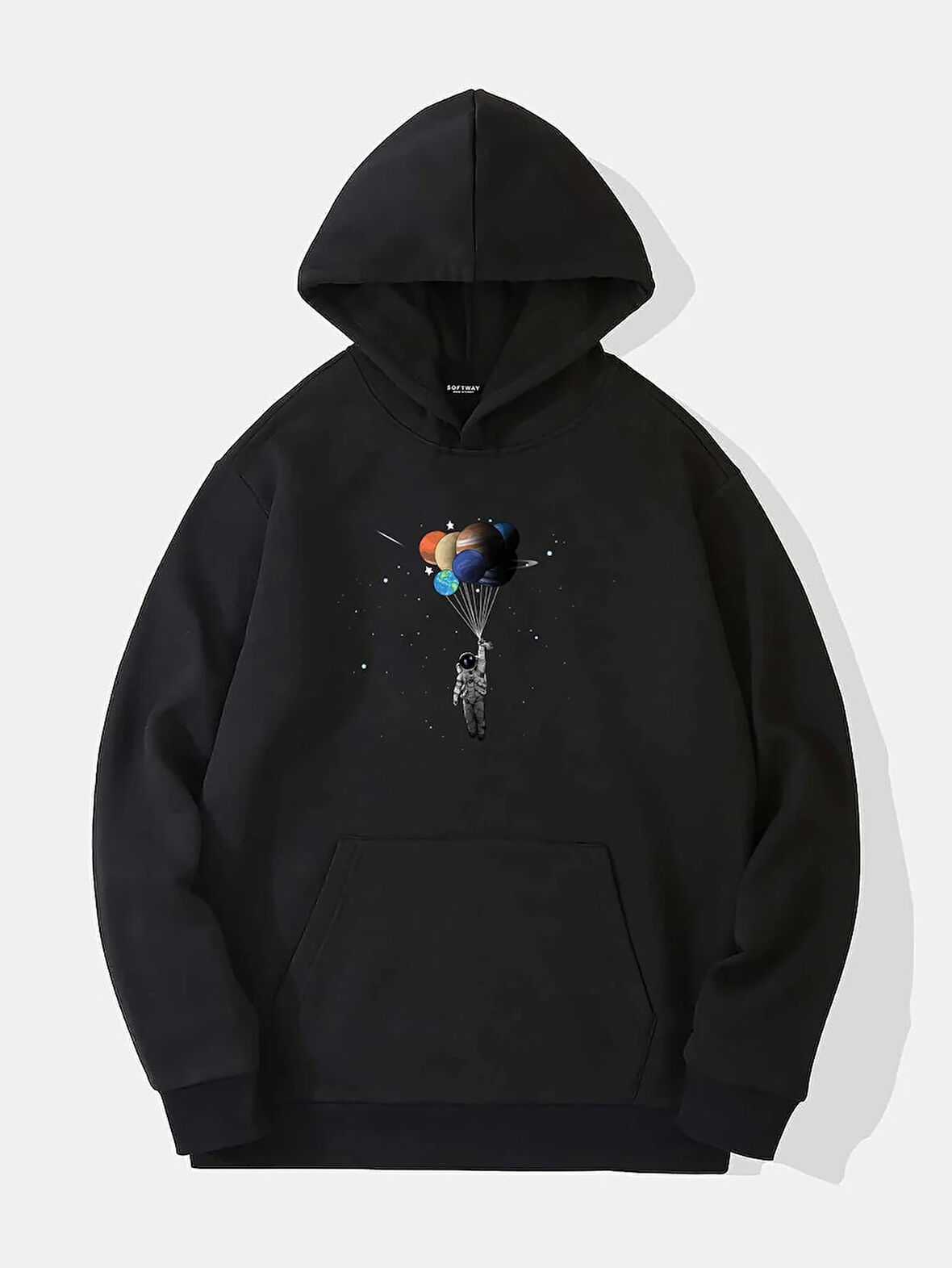 Unisex Balloon Astronaut Baskılı Kapüşonlu İçi Yumuşak Polarlı Oversize Sweatshirt - SİYAH