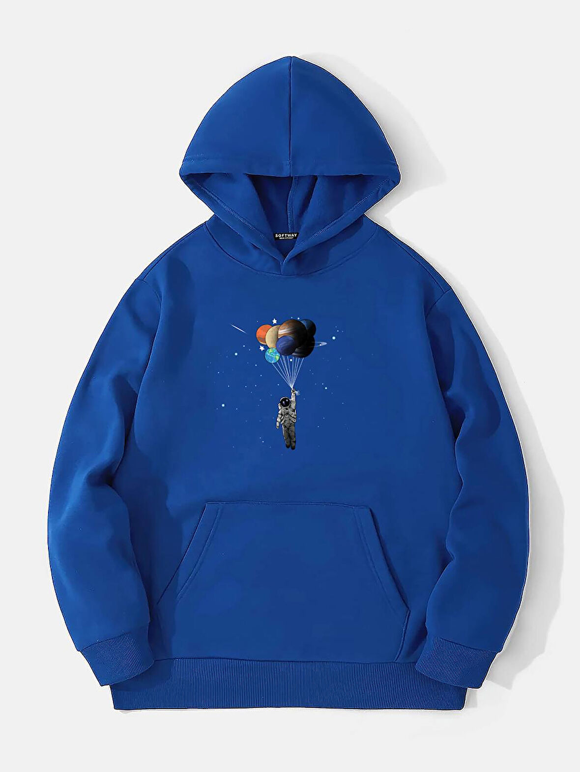 Unisex Balloon Astronaut Baskılı Kapüşonlu İçi Yumuşak Polarlı Oversize Sweatshirt - SAKS MAVİSİ