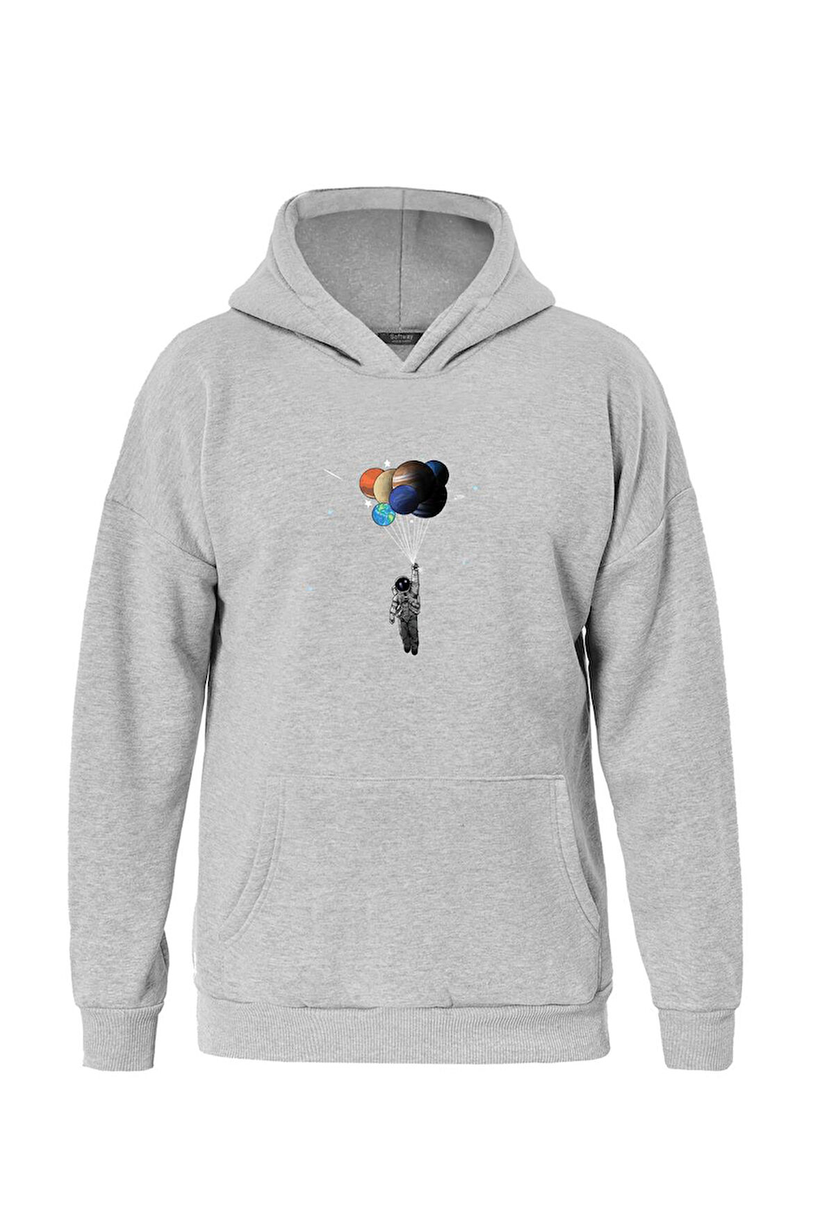 Unisex Balloon Astronaut Baskılı Kapüşonlu İçi Yumuşak Polarlı Oversize Sweatshirt - GRİ