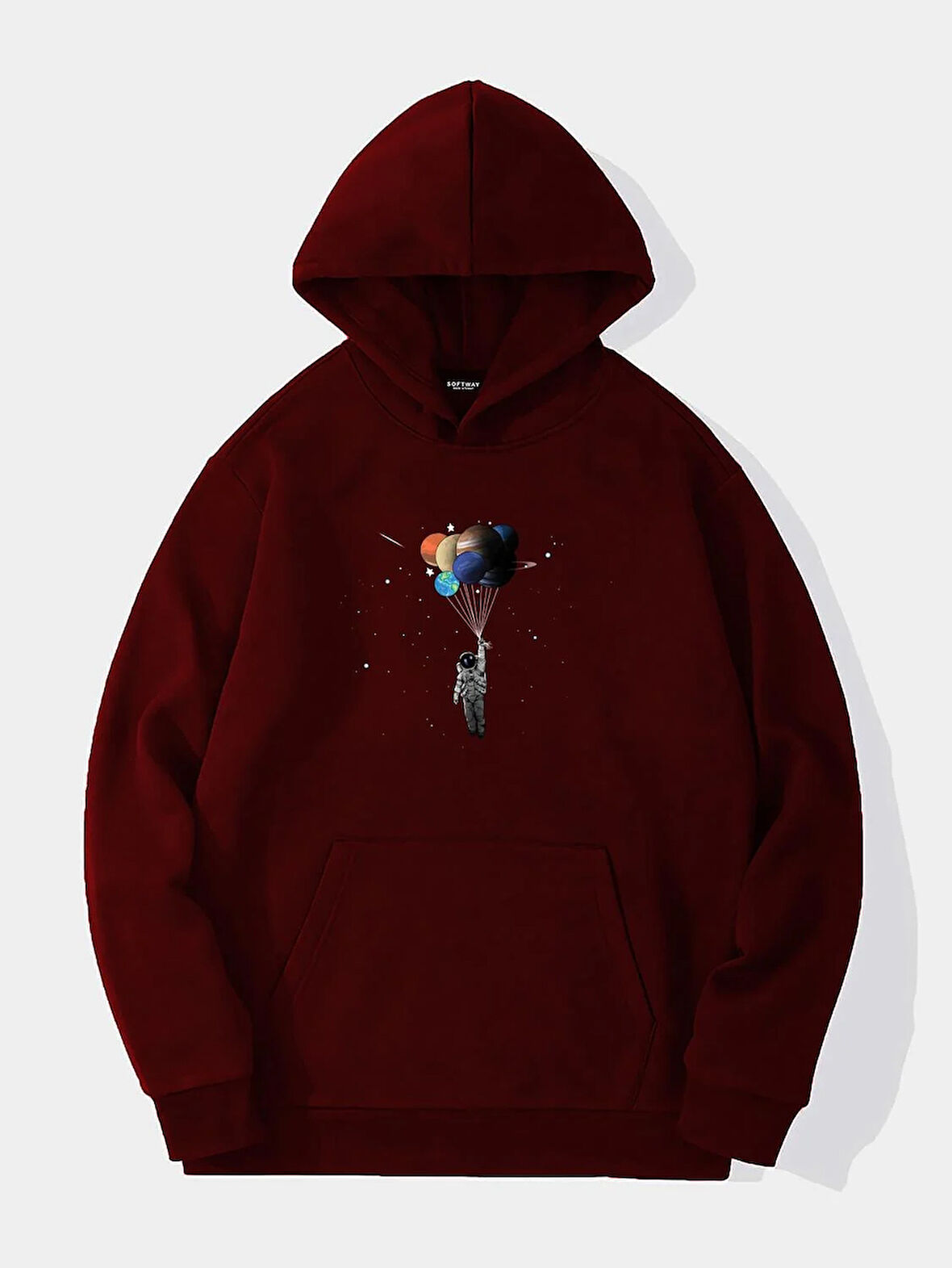 Unisex Balloon Astronaut Baskılı Kapüşonlu İçi Yumuşak Polarlı Oversize Sweatshirt - BORDO