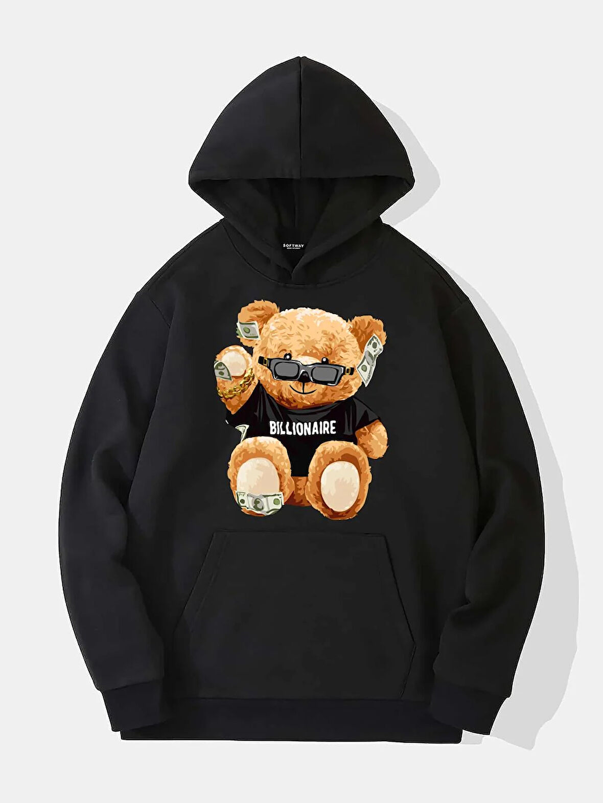 Unisex Billionarie Baskılı Kapüşonlu İçi Yumuşak Polarlı Oversize Sweatshirt - SİYAH