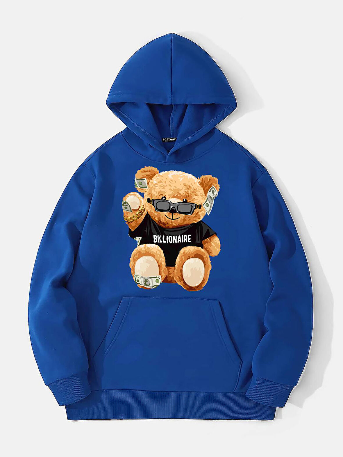 Unisex Billionarie Baskılı Kapüşonlu İçi Yumuşak Polarlı Oversize Sweatshirt - SAKS MAVİSİ