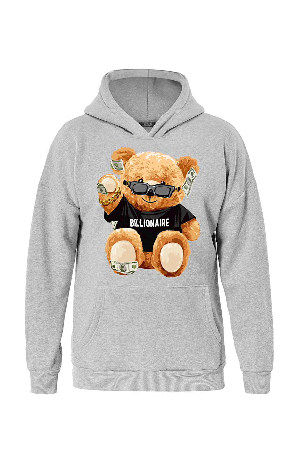 Unisex Billionarie Baskılı Kapüşonlu İçi Yumuşak Polarlı Oversize Sweatshirt - GRİ