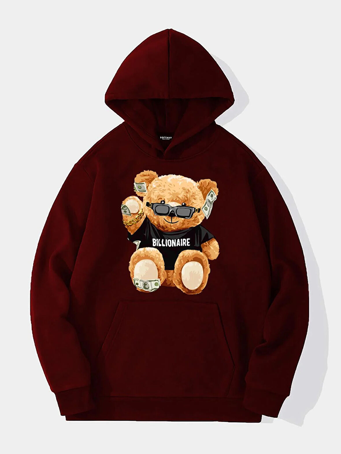 Unisex Billionarie Baskılı Kapüşonlu İçi Yumuşak Polarlı Oversize Sweatshirt - BORDO