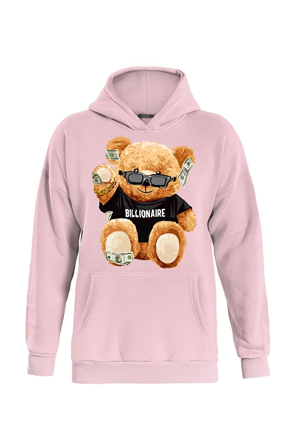 Unisex Billionarie Baskılı Kapüşonlu İçi Yumuşak Polarlı Oversize Sweatshirt - PEMBE