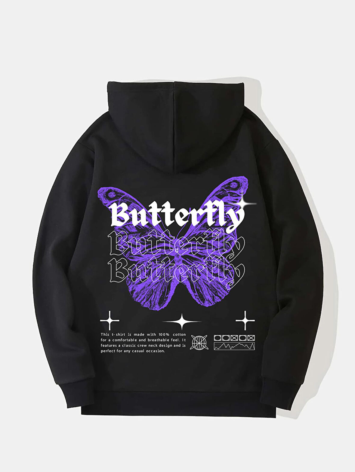 Unisex Butterfly Baskılı Kapüşonlu İçi Yumuşak Polarlı Oversize Sweatshirt - SİYAH