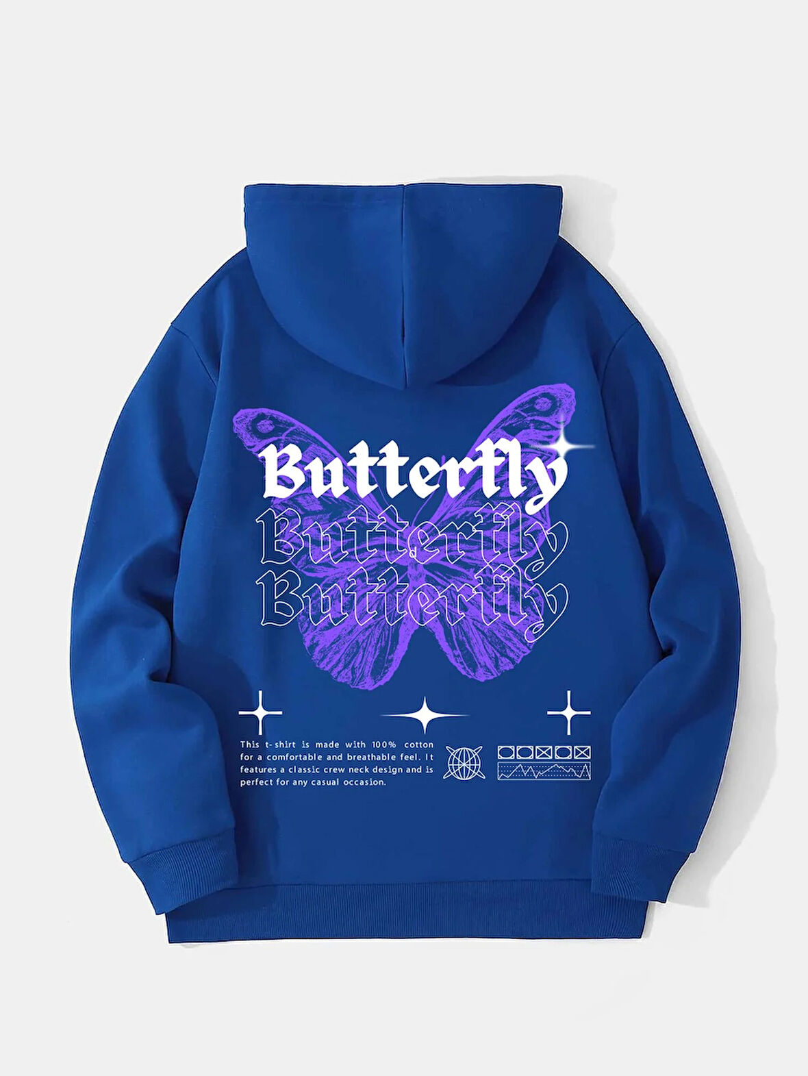 Unisex Butterfly Baskılı Kapüşonlu İçi Yumuşak Polarlı Oversize Sweatshirt - SAKS MAVİSİ