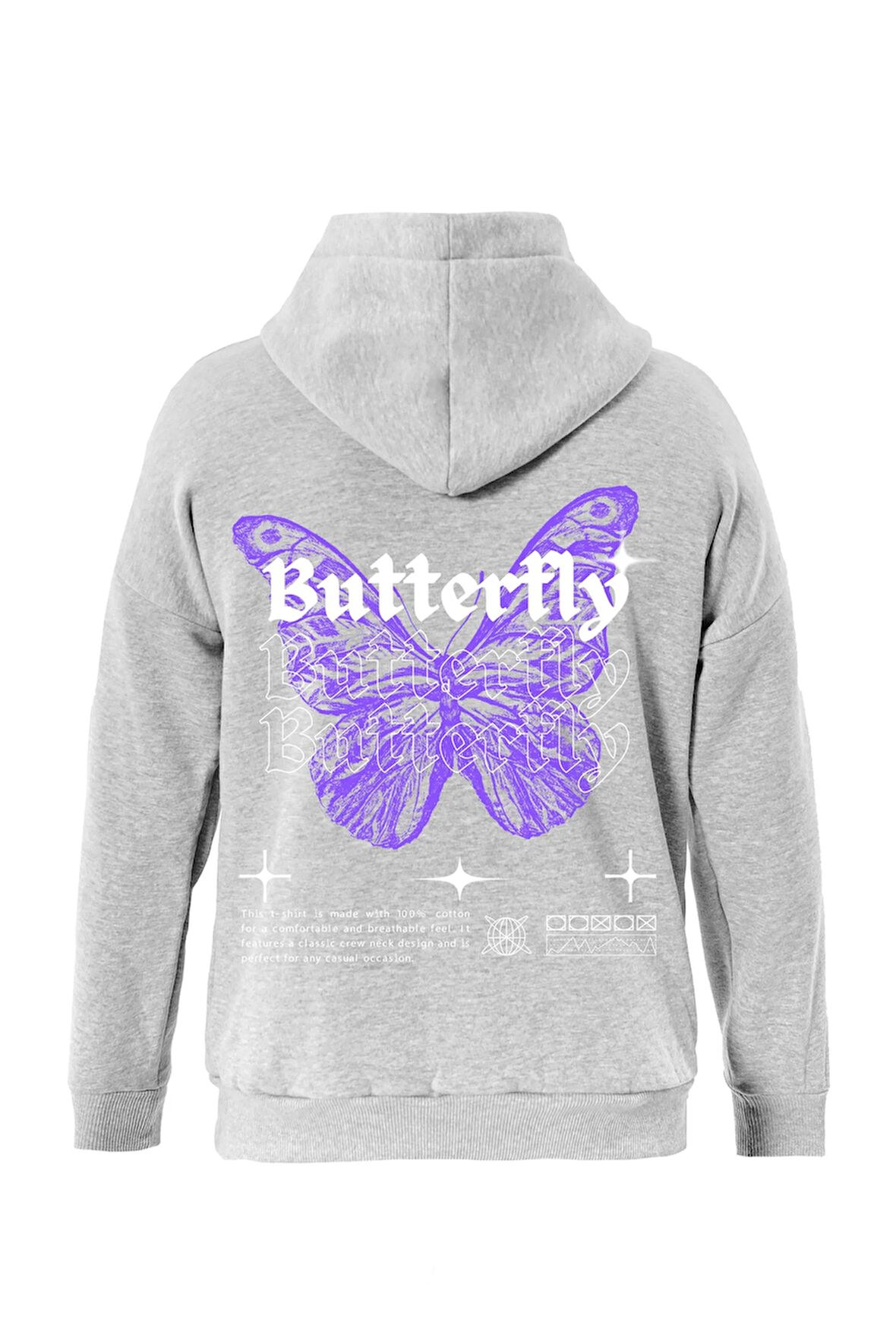 Unisex Butterfly Baskılı Kapüşonlu İçi Yumuşak Polarlı Oversize Sweatshirt - GRİ