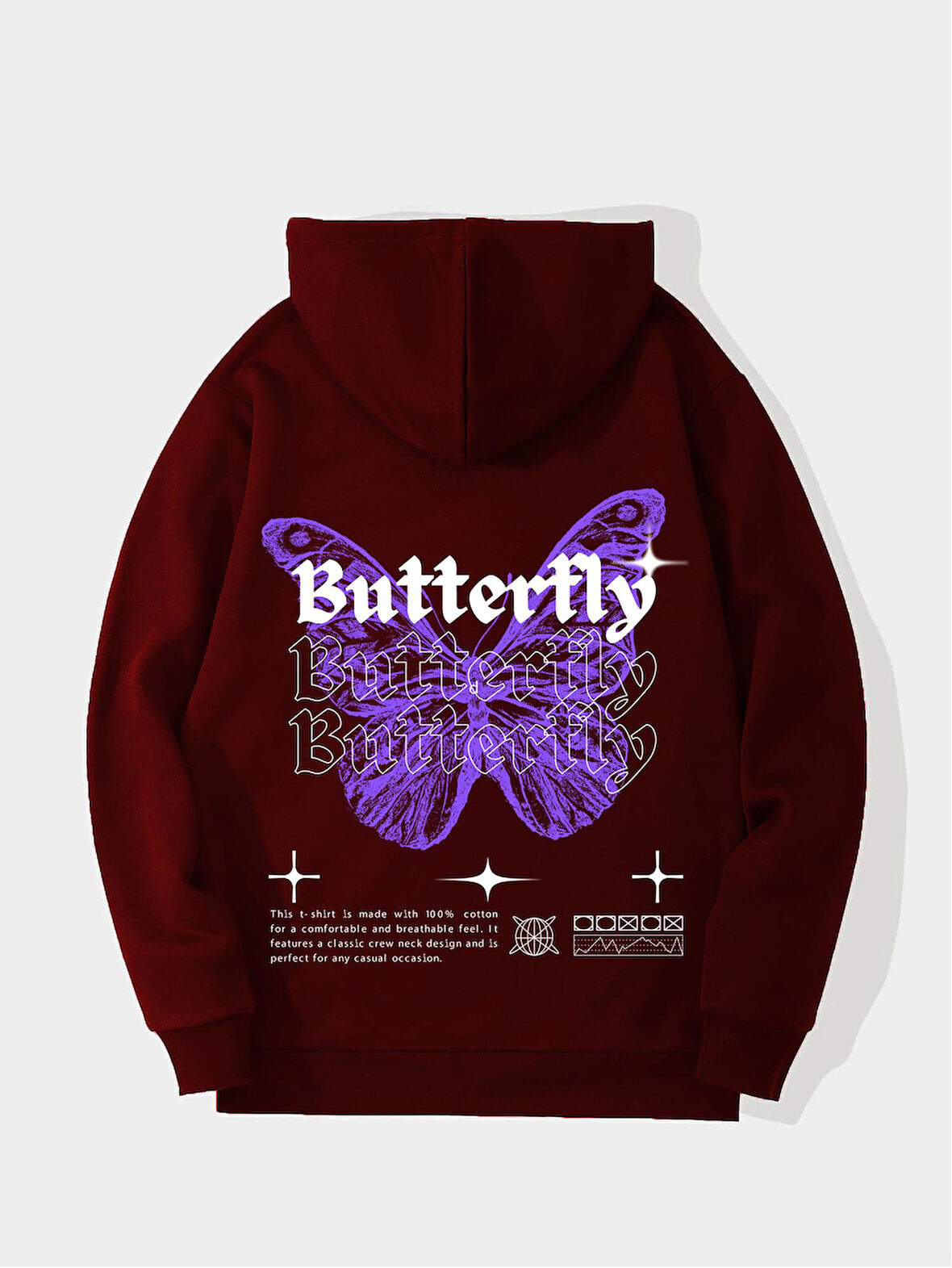 Unisex Butterfly Baskılı Kapüşonlu İçi Yumuşak Polarlı Oversize Sweatshirt - BORDO