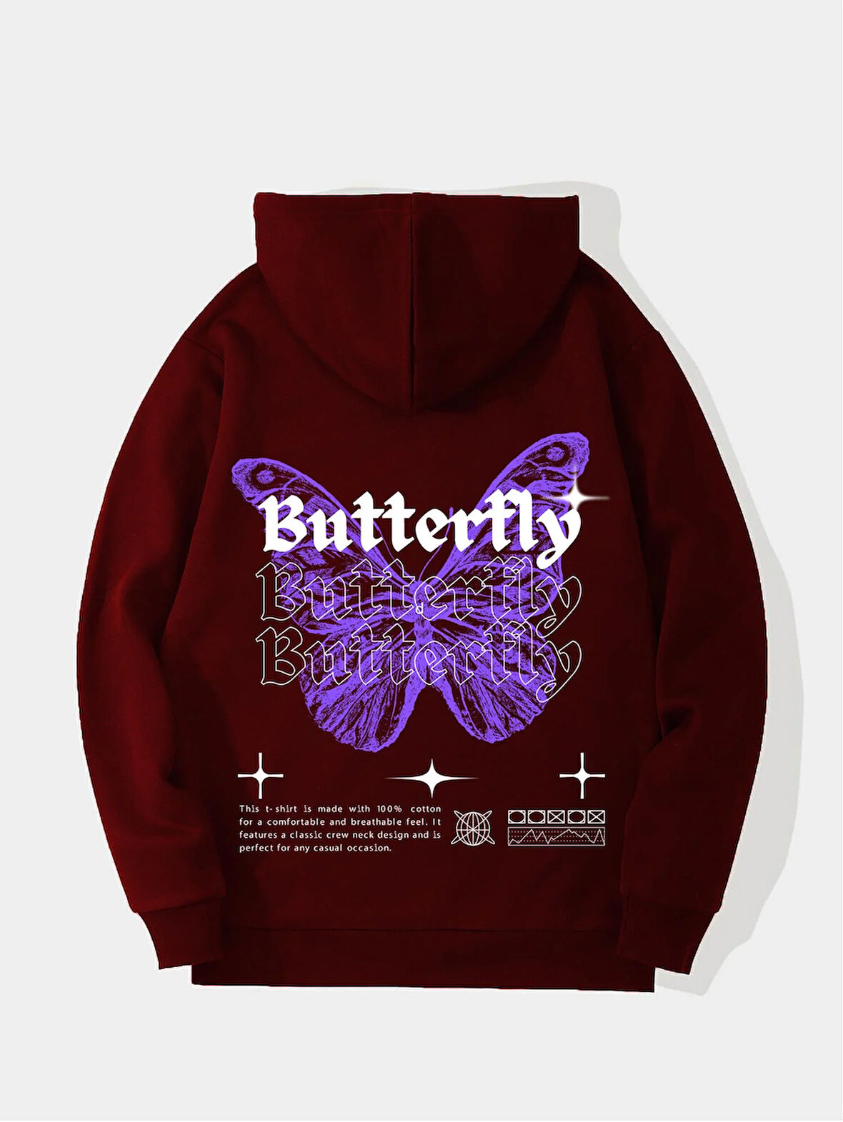 Unisex Butterfly Baskılı Kapüşonlu İçi Yumuşak Polarlı Oversize Sweatshirt - BORDO