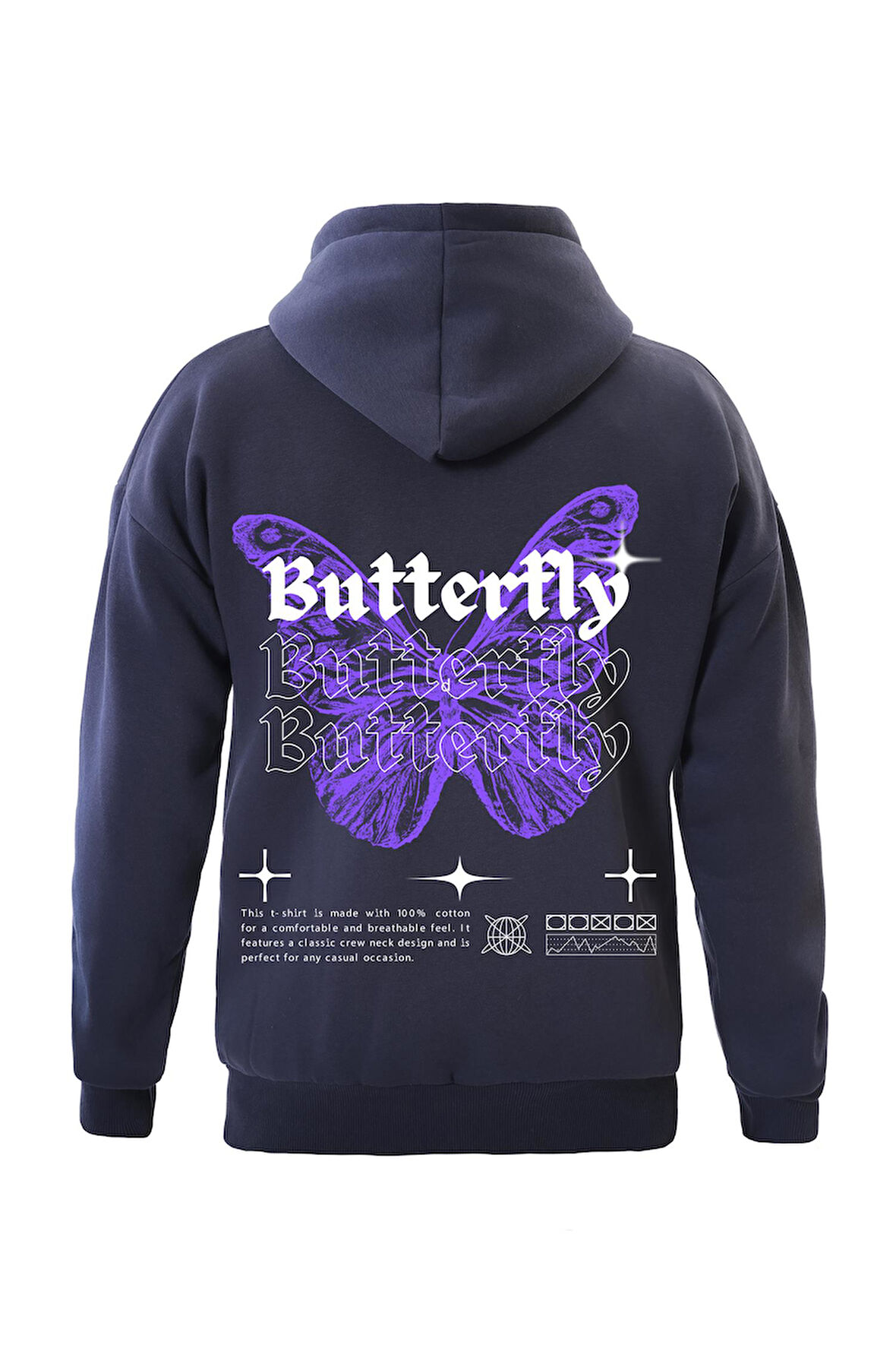 Unisex Butterfly Baskılı Kapüşonlu İçi Yumuşak Polarlı Oversize Sweatshirt - LACİVERT