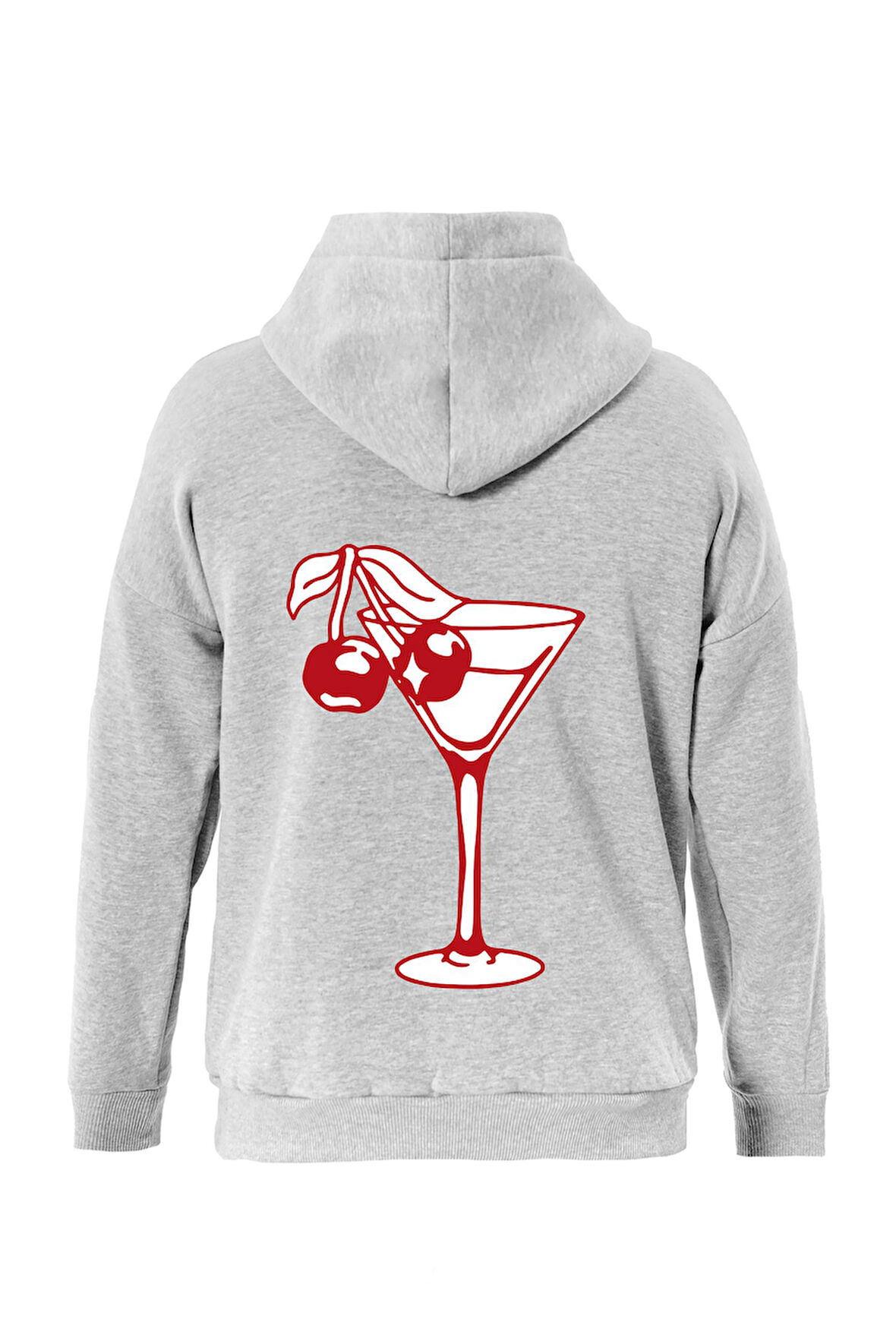 Unisex Cherry Cocktail Baskılı Kapüşonlu İçi Yumuşak Polarlı Oversize Sweatshirt - GRİ