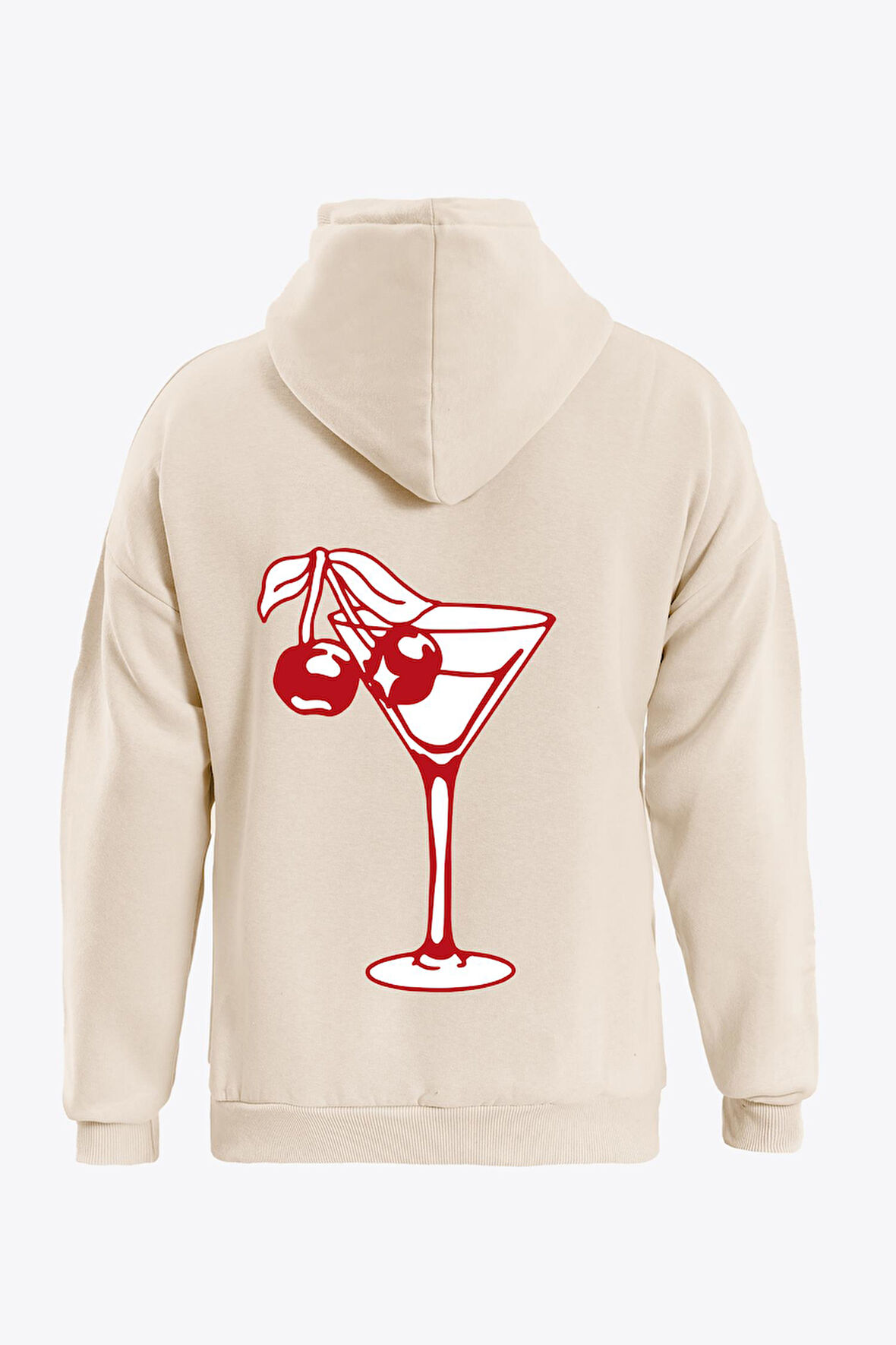 Unisex Cherry Cocktail Baskılı Kapüşonlu İçi Yumuşak Polarlı Oversize Sweatshirt - BEJ