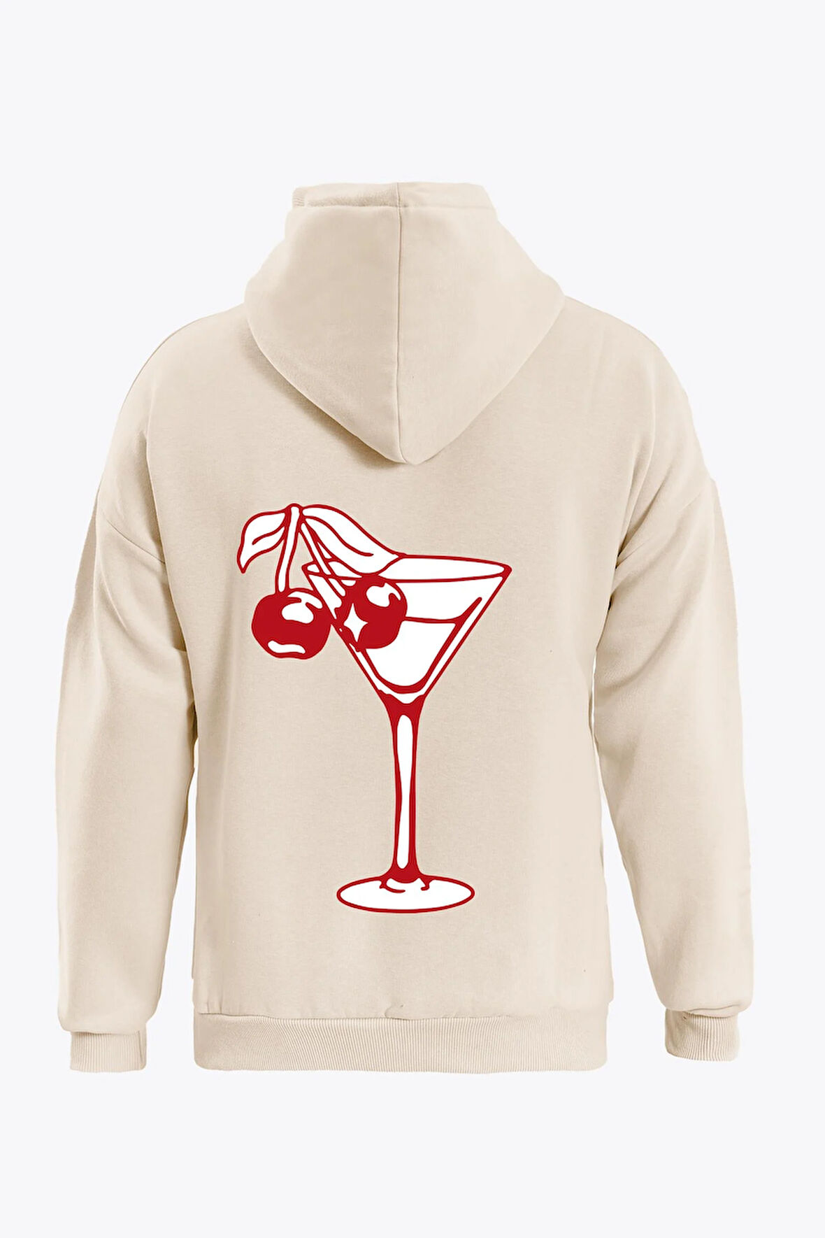 Unisex Cherry Cocktail Baskılı Kapüşonlu İçi Yumuşak Polarlı Oversize Sweatshirt - BEJ
