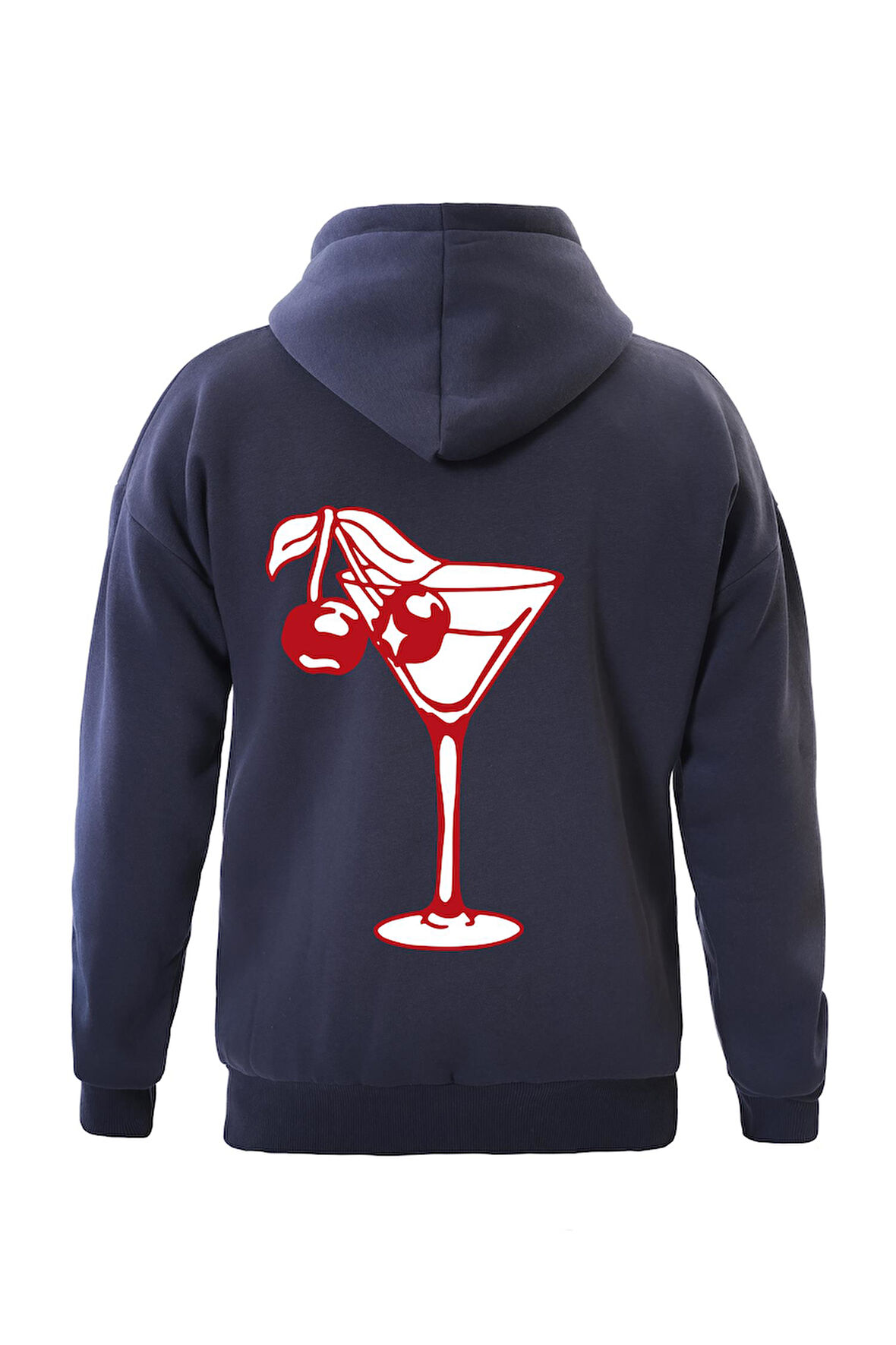 Unisex Cherry Cocktail Baskılı Kapüşonlu İçi Yumuşak Polarlı Oversize Sweatshirt - LACİVERT