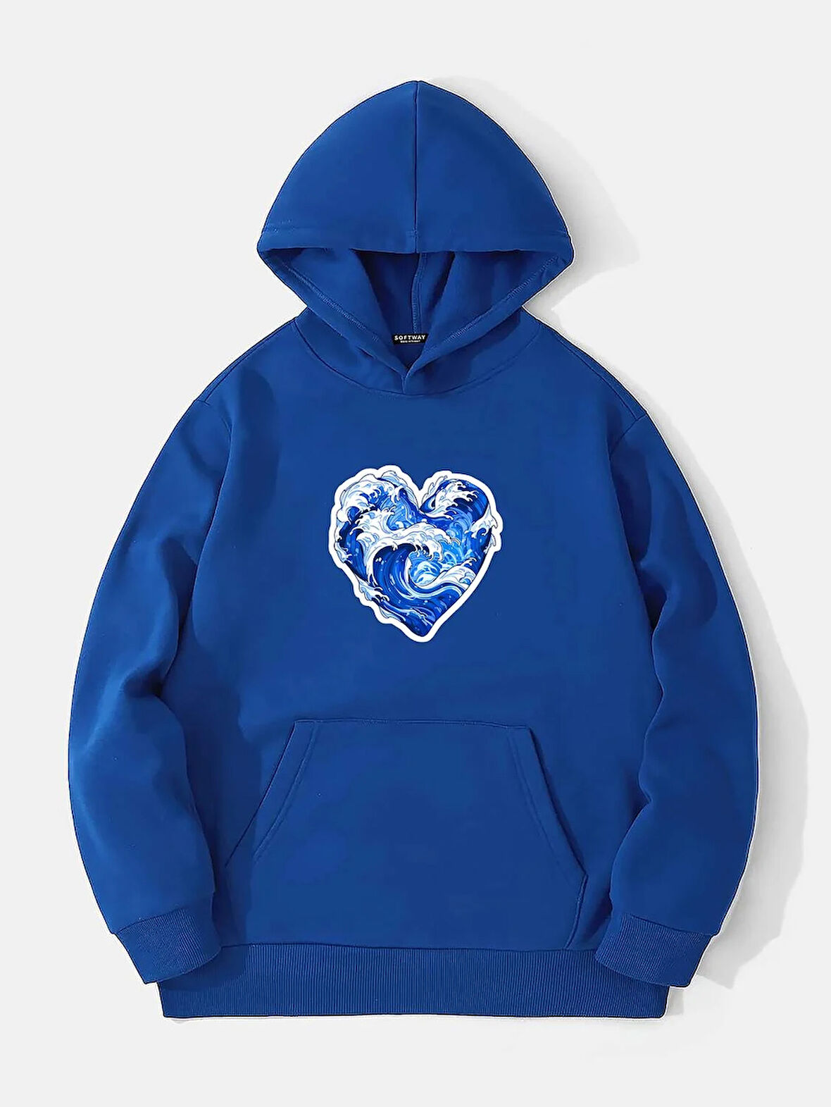 Unisex Ocen Heart Baskılı Kapüşonlu İçi Yumuşak Polarlı Oversize Sweatshirt - SAKS MAVİSİ