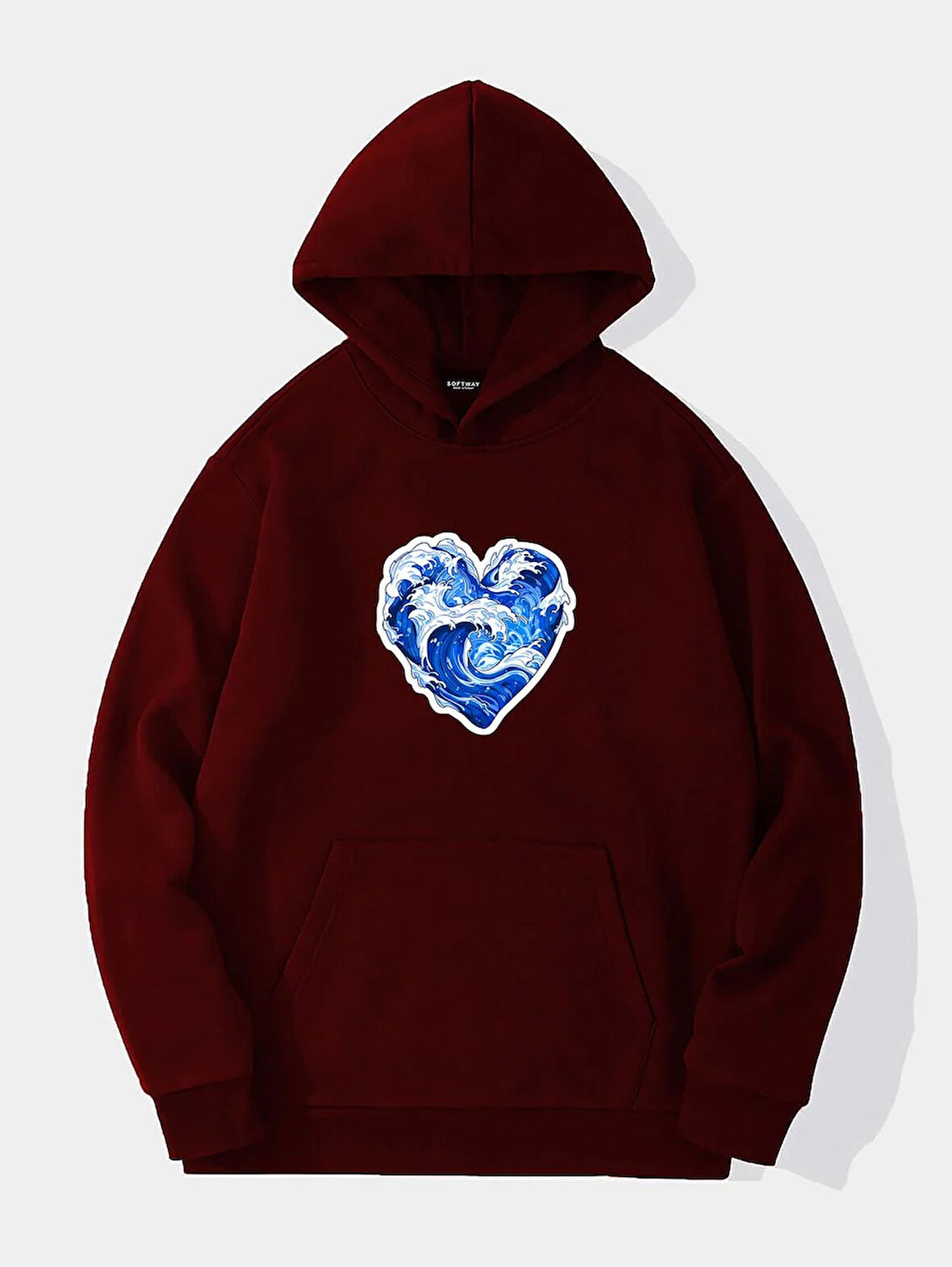 Unisex Ocen Heart Baskılı Kapüşonlu İçi Yumuşak Polarlı Oversize Sweatshirt - BORDO