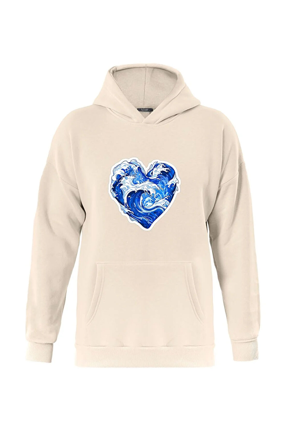 Unisex Ocen Heart Baskılı Kapüşonlu İçi Yumuşak Polarlı Oversize Sweatshirt - BEJ