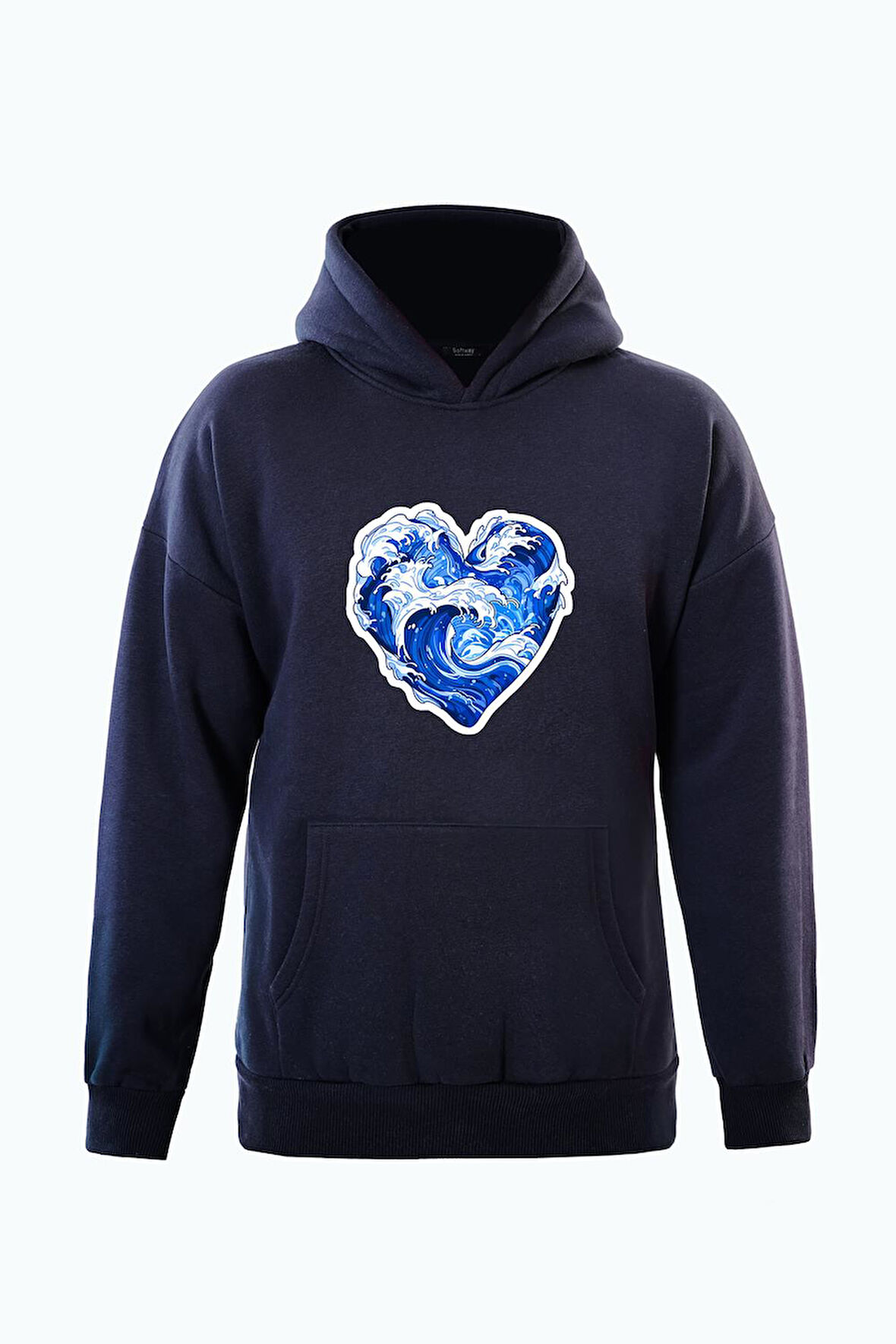 Unisex Ocen Heart Baskılı Kapüşonlu İçi Yumuşak Polarlı Oversize Sweatshirt - LACİVERT